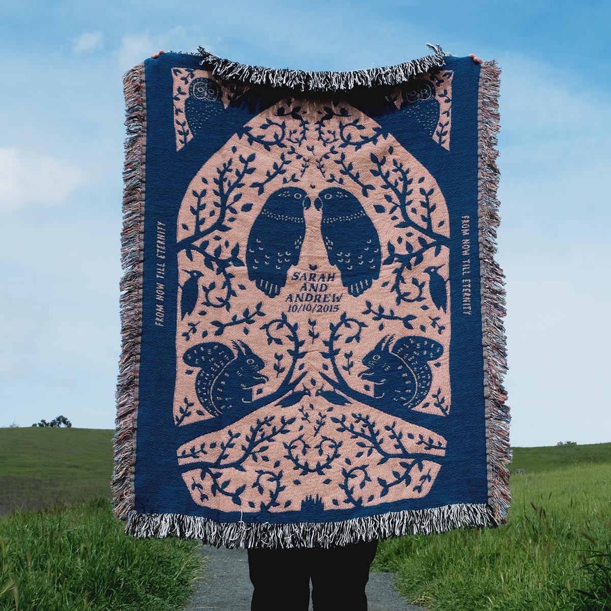 Enchanted Forest Lovebirds Personalized Woven Blanket
