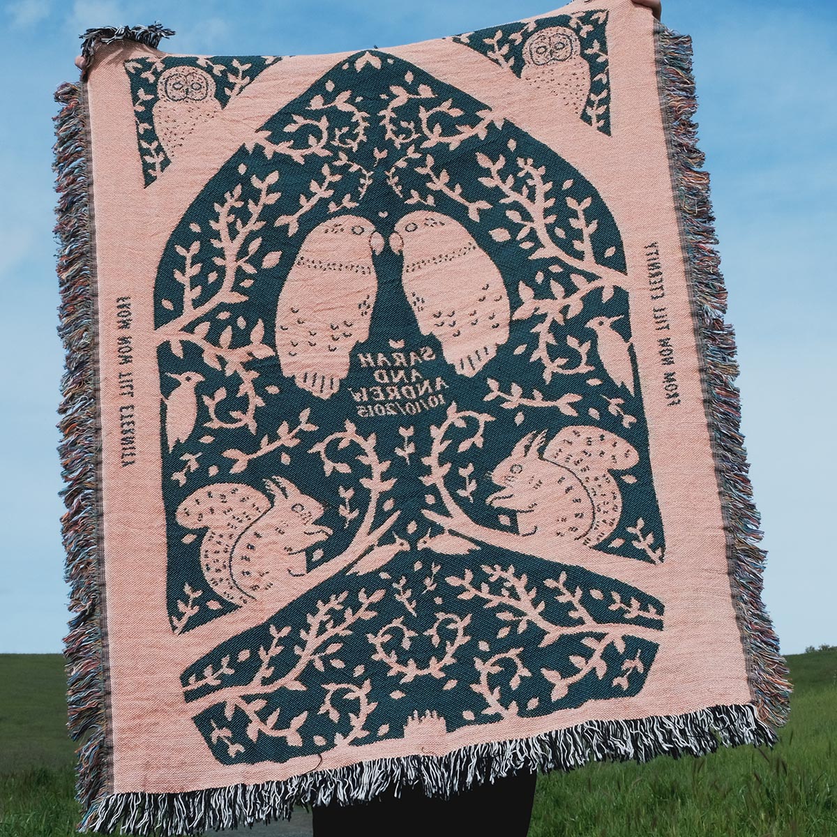 Enchanted Forest Lovebirds Personalized Woven Blanket