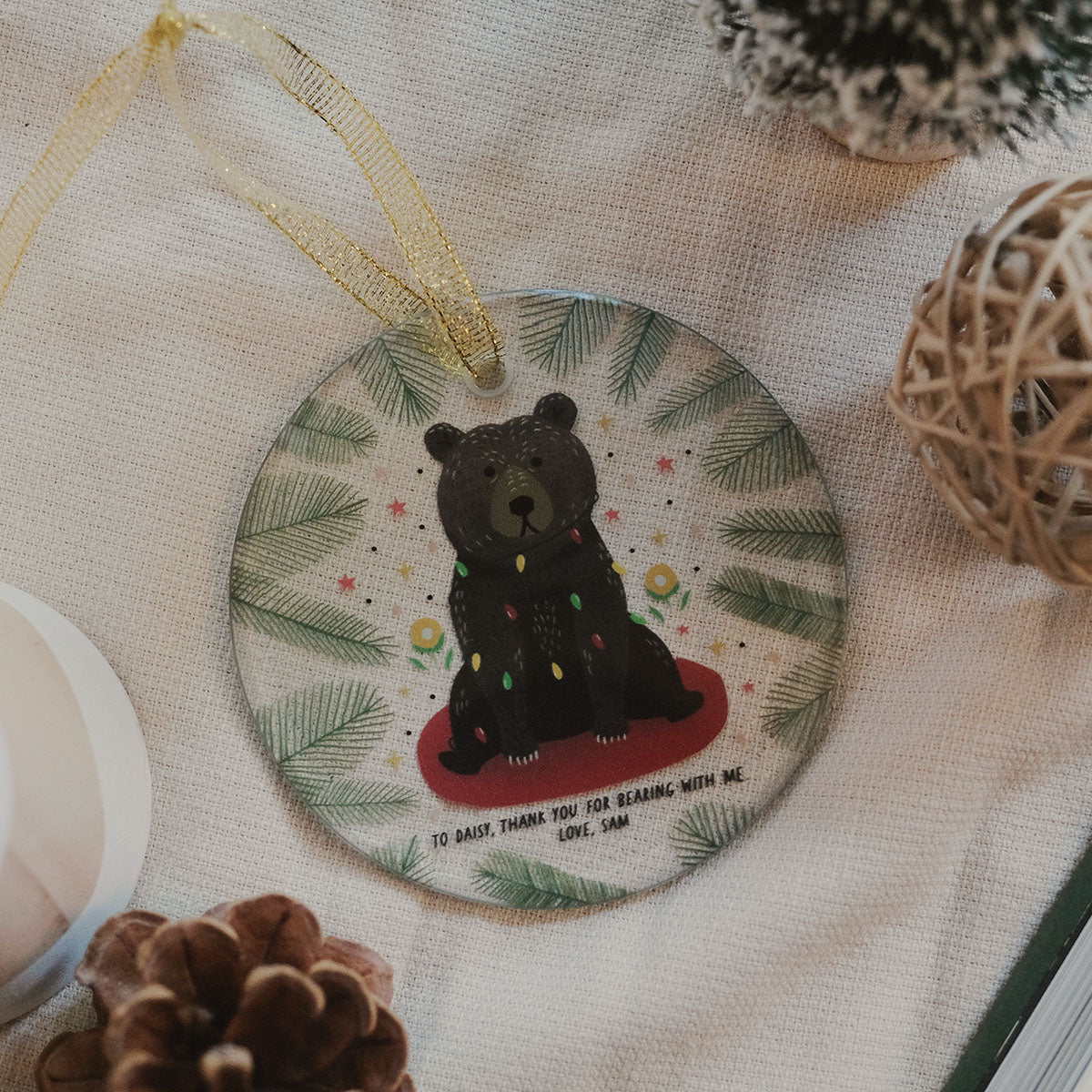 Personalized Christmas Bear Glass Ornament - Relatable Basic