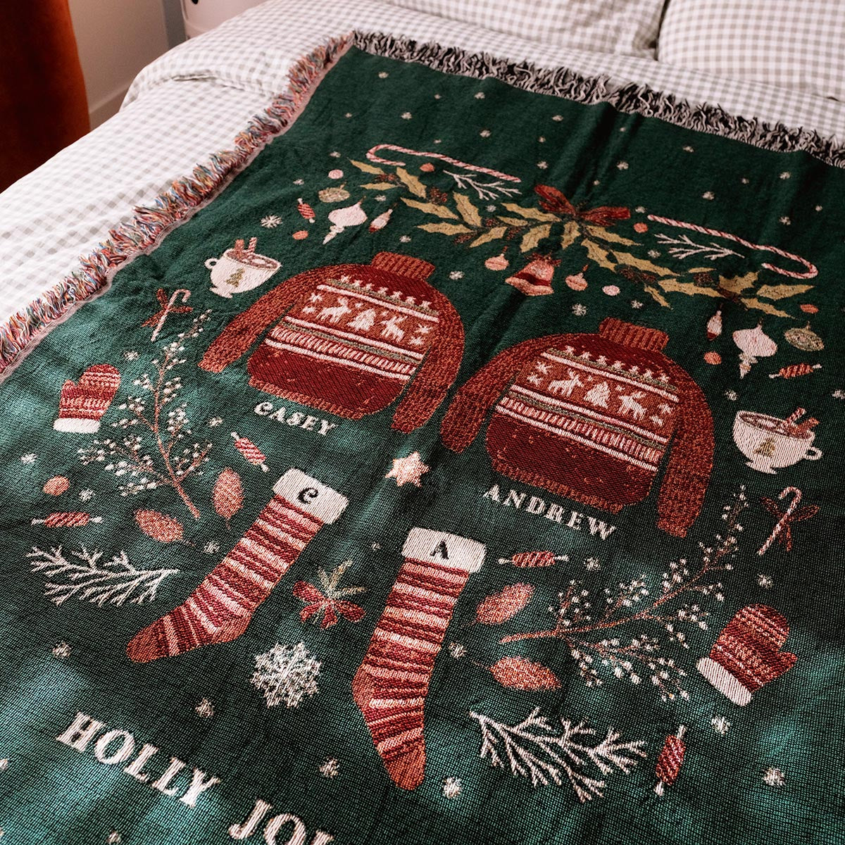 Personalized Christmas Sweater Couple Woven Blanket
