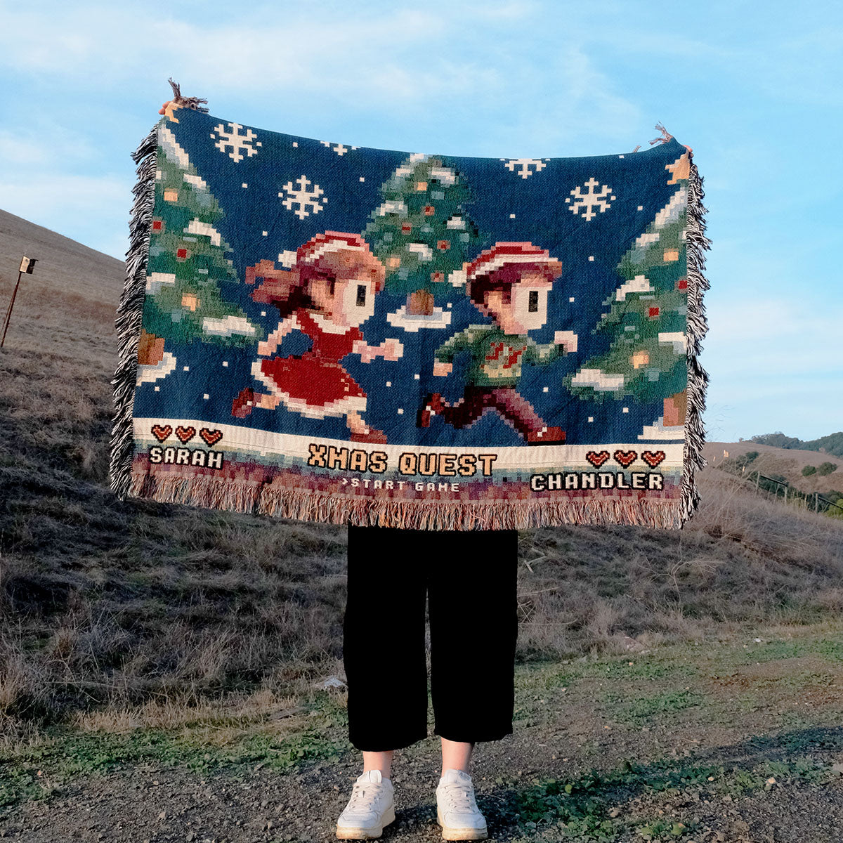 Personalized Retro 8-Bit Christmas Gaming Couple Woven Blanket