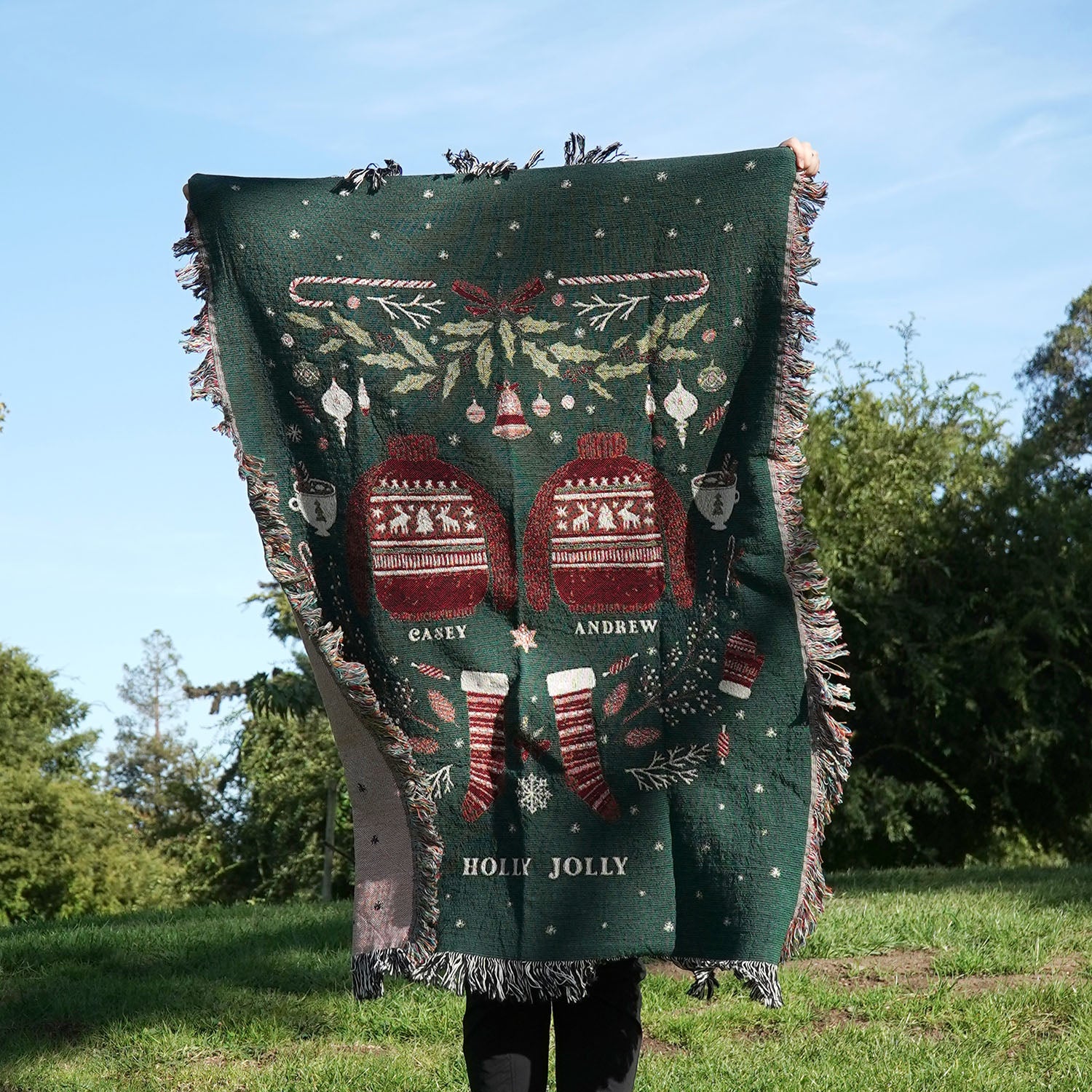 Personalized Christmas Sweater Couple Woven Blanket - Relatable Basic