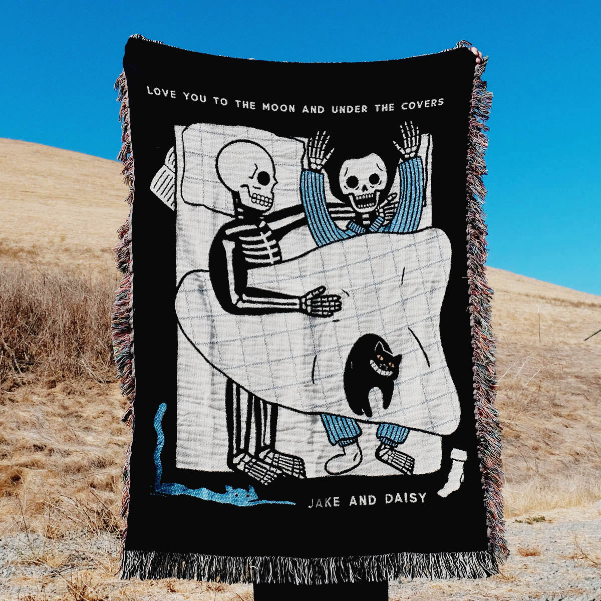 Personalized Skeletons Couple In Bed Woven Blanket