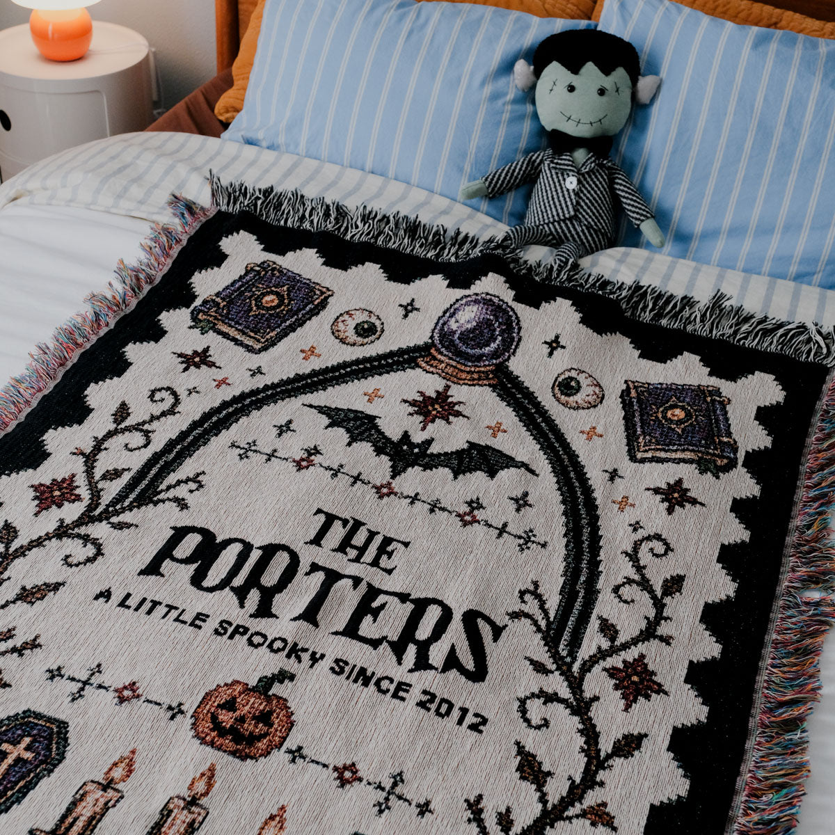 Personalized Family Cross-Stitched Halloween Woven Blanket