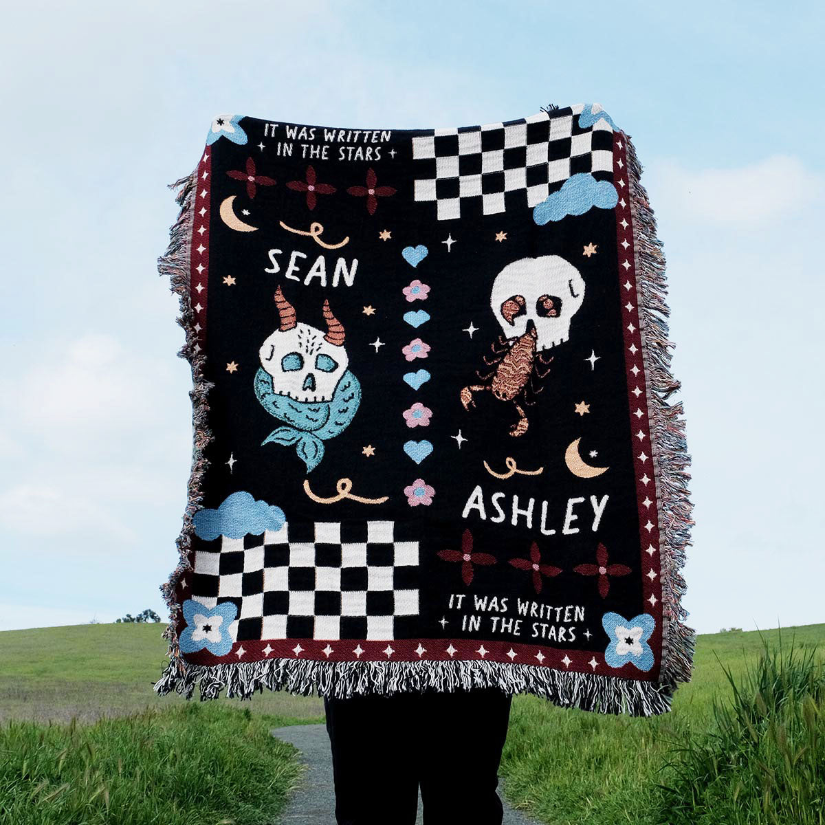 Personalized Astro Love Checkered Skulls Couple Woven Blanket