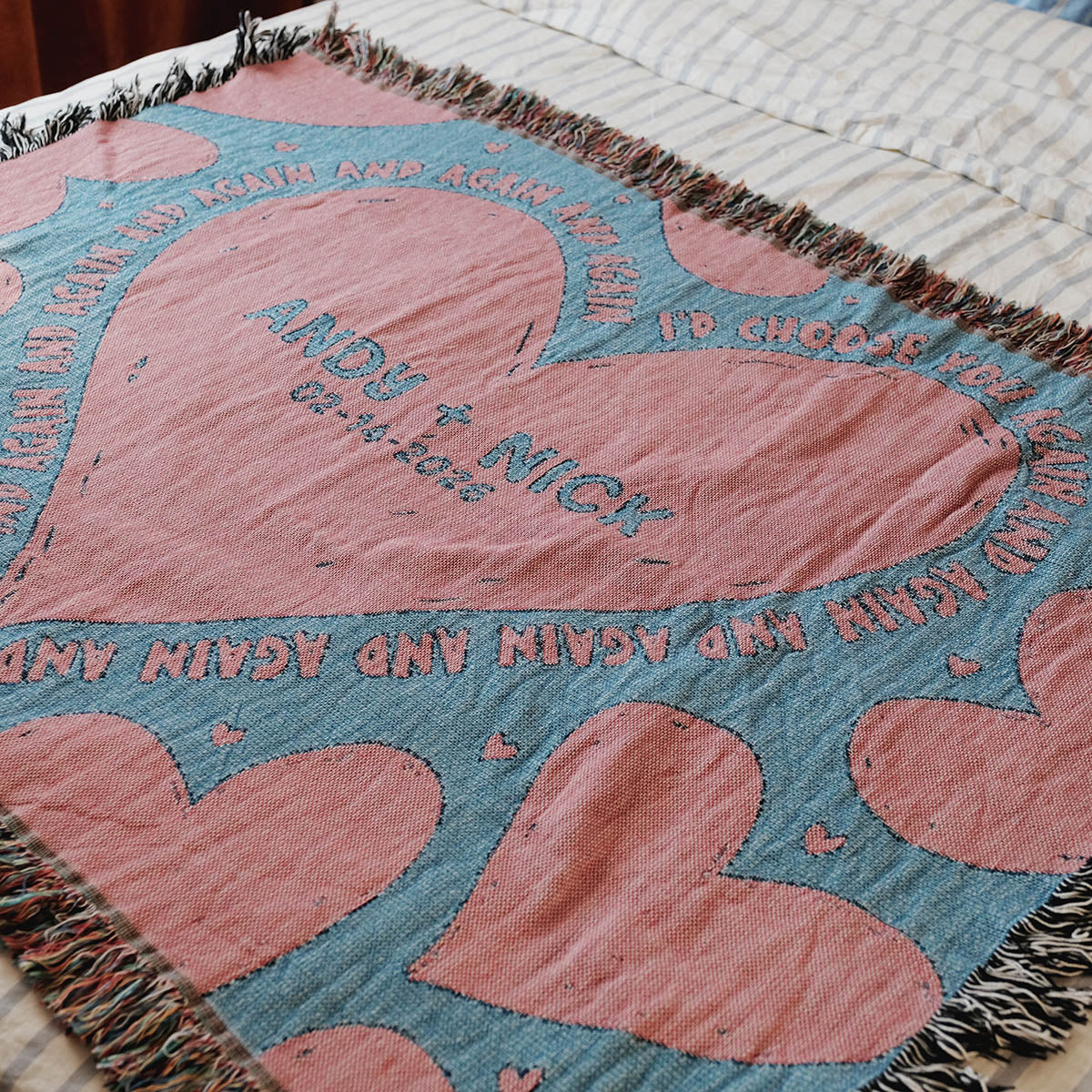 Personalized Big Hearts Couple Woven Blanket - Relatable Basic