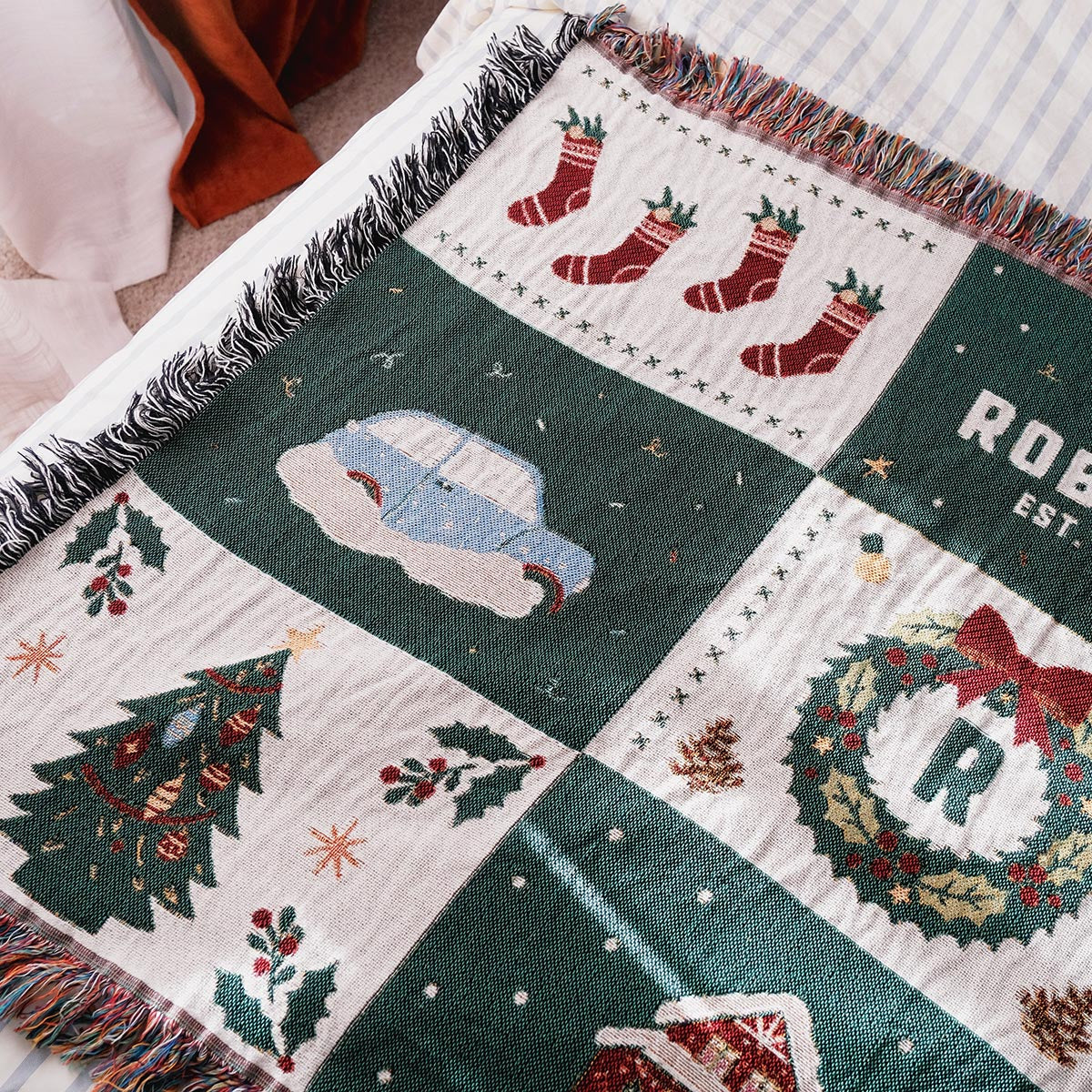 Personalized Family Name Christmas Woven Throw (Horizontal)