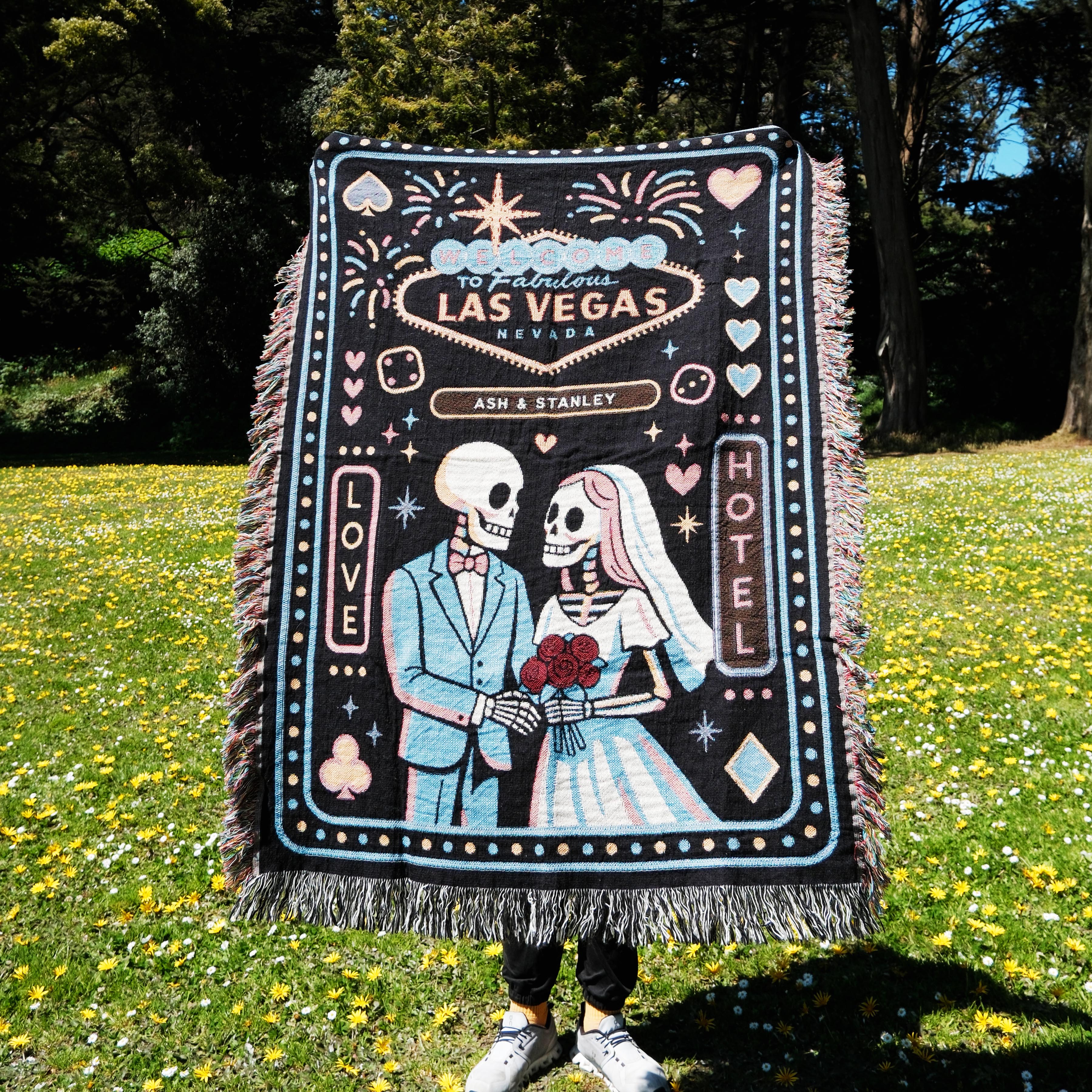Personalized Las Vegas Chapel Wedding Couple Skeletons Woven Blanket