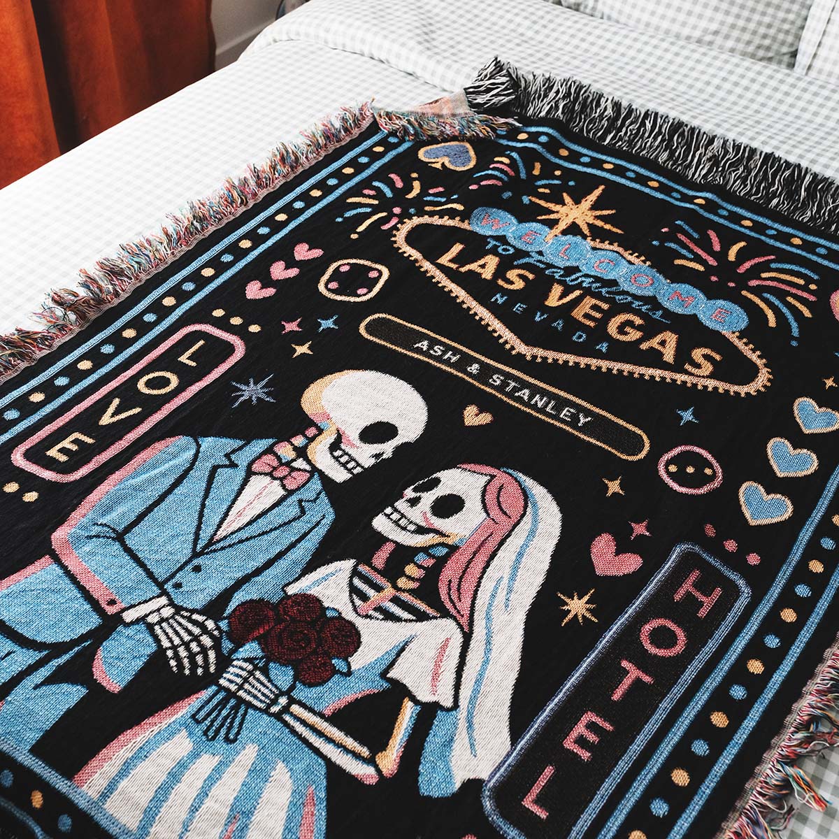 Personalized Las Vegas Chapel Wedding Couple Skeletons Woven Blanket