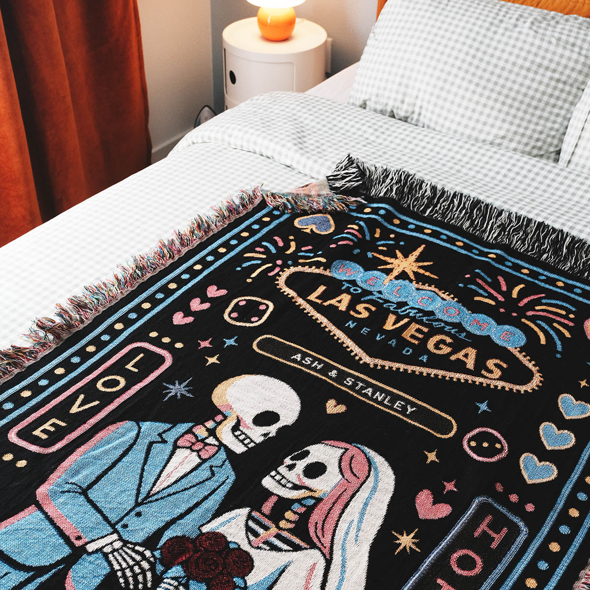 Personalized Las Vegas Chapel Wedding Couple Skeletons Woven Blanket