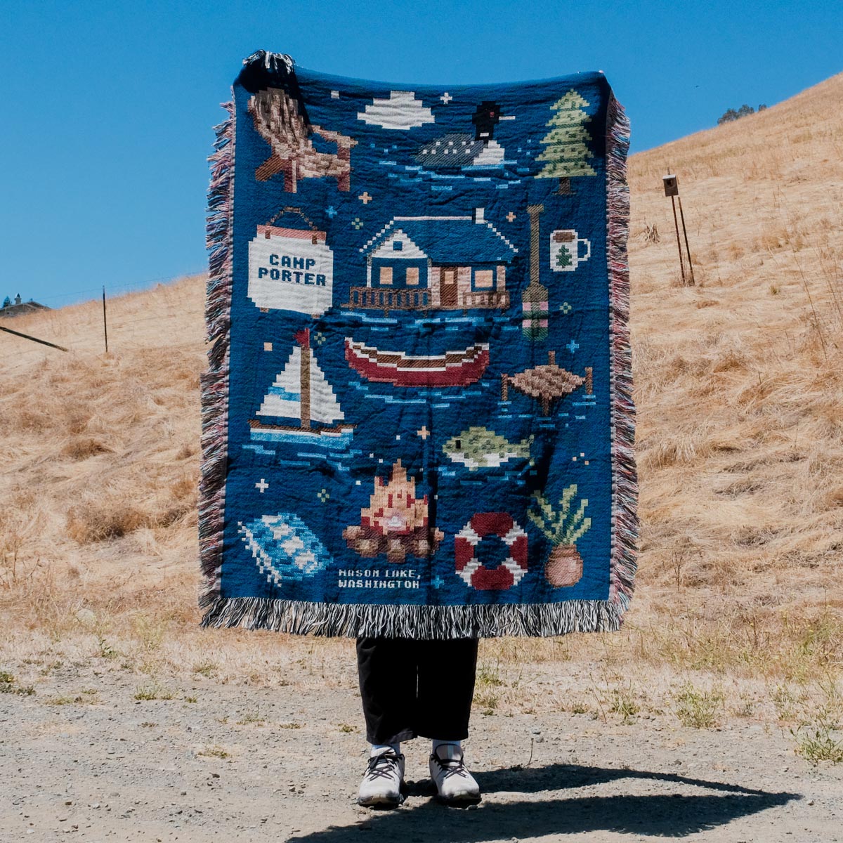 Personalized Pixel 8-Bit Lake House Woven Blanket | Custom Outdoor