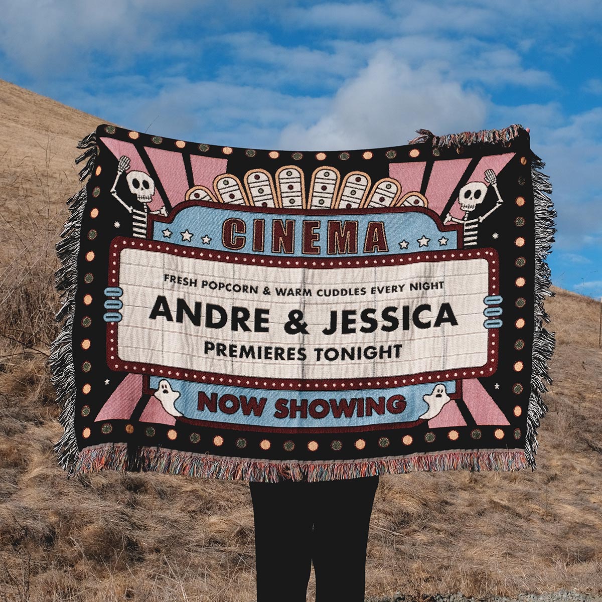 Personalized Retro Cinematic Title Couple Woven Blanket
