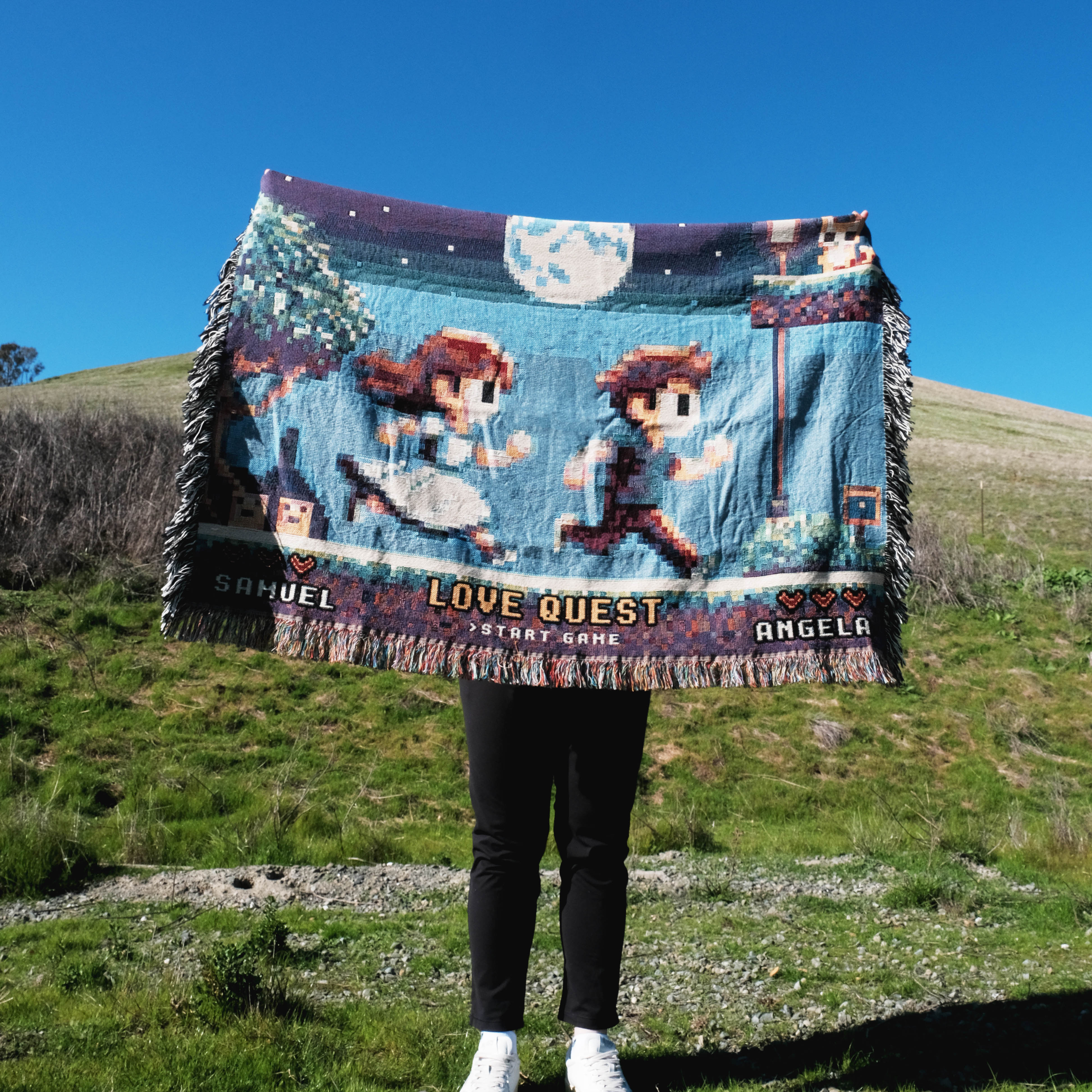 Personalized Retro 8-Bit Gaming Couple Adventure Woven Blanket