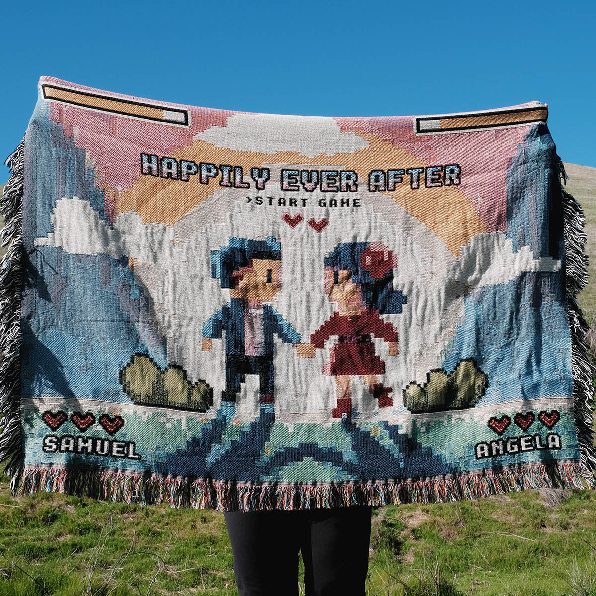 Personalized 8-Bit Retro Gaming Happy Couple Woven Blanket