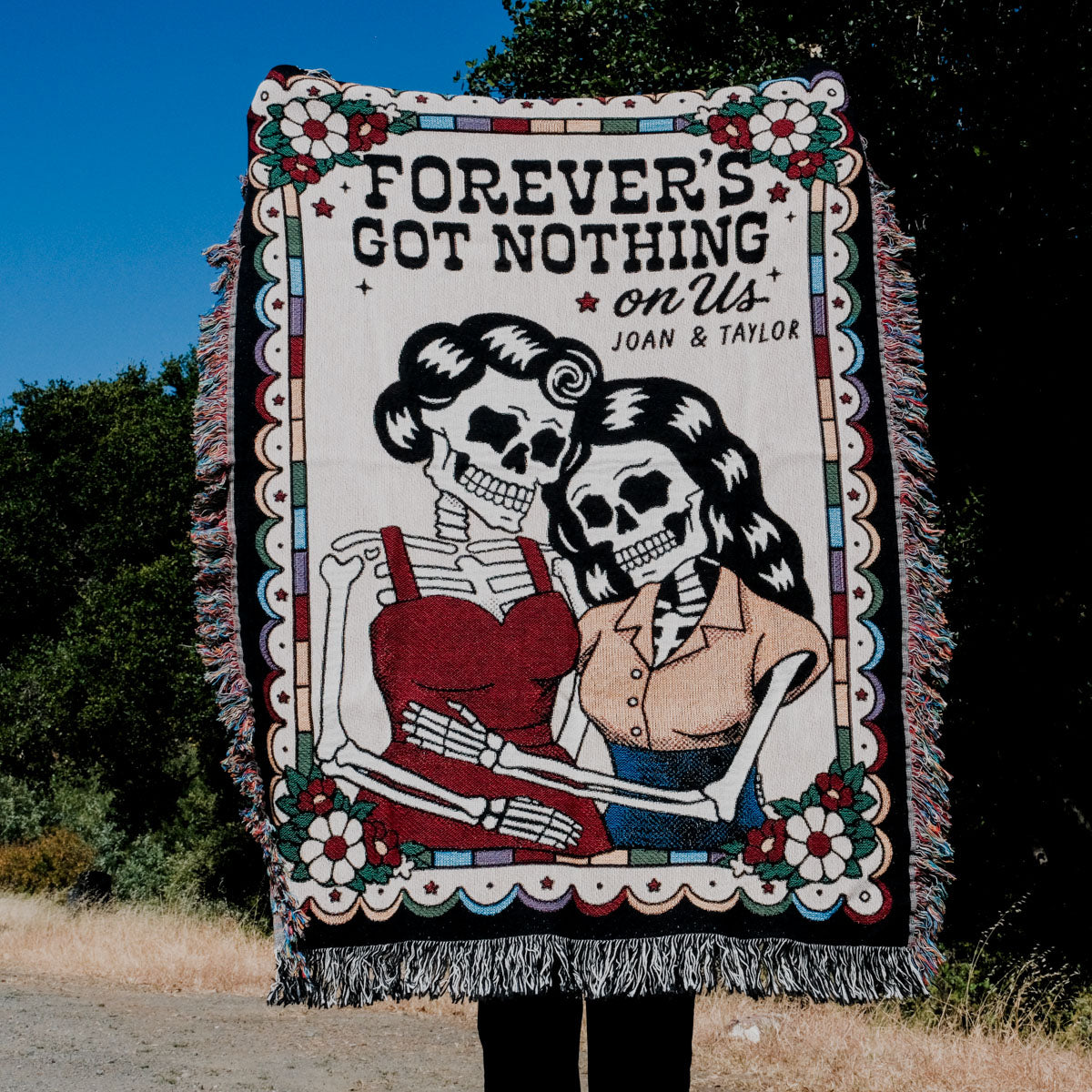 Personalized Female Retro Skeleton Couple Woven Blanket - Relatable Basic