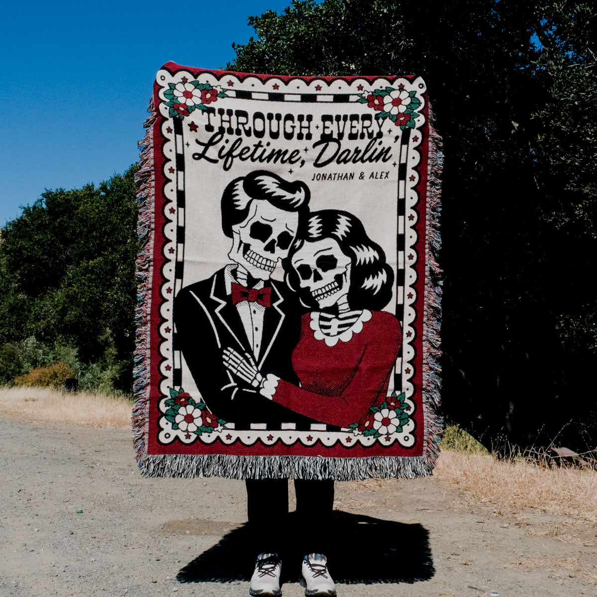 Personalized Retro Skeleton Couple Woven Blanket - Relatable Basic