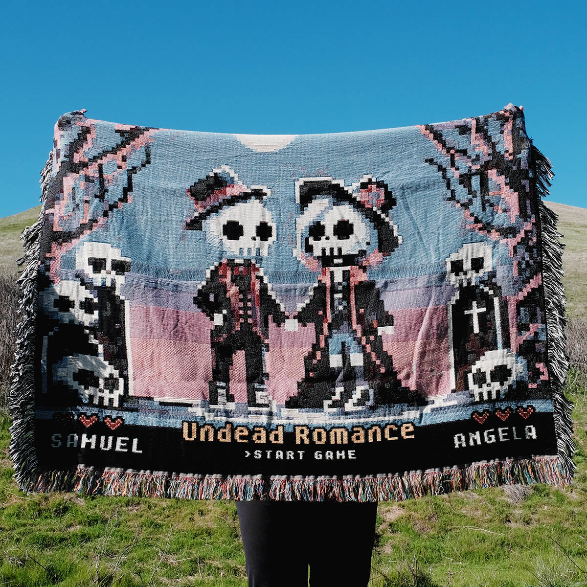 Personalized Pixel Skeleton Spooky Gaming Couple Woven Blanket