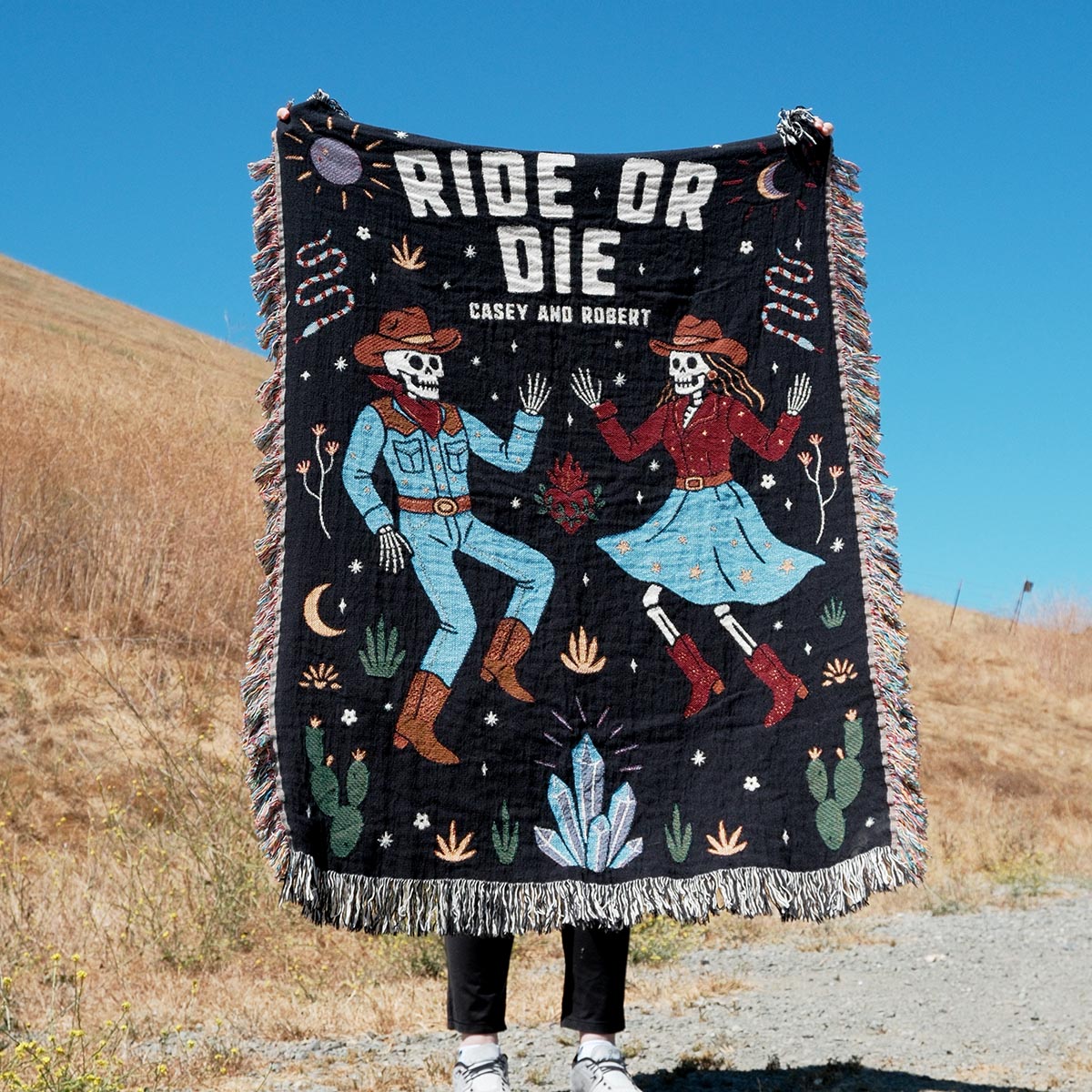 Personalized Western Spooky Skeleton Couple Woven Blanket