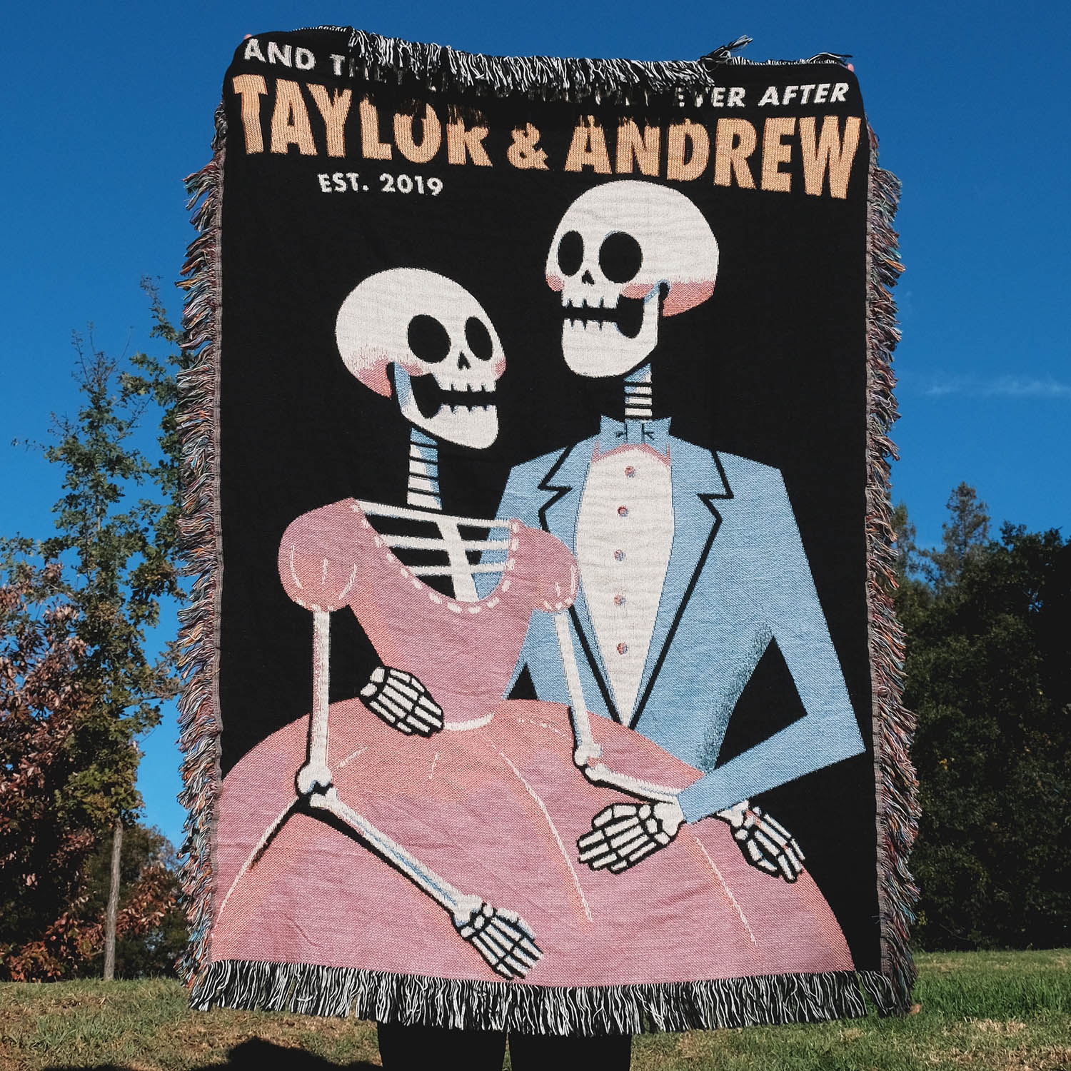 Fancy Skeleton Personalized Couple Woven Blanket - Relatable Basic