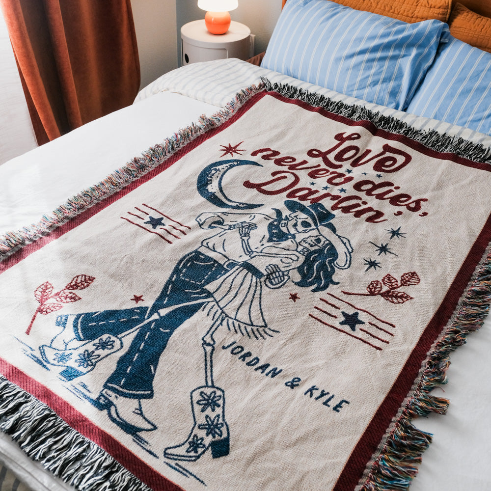 Personalized Western Dancing Skeleton Couple Woven Blanket - Relatable Basic