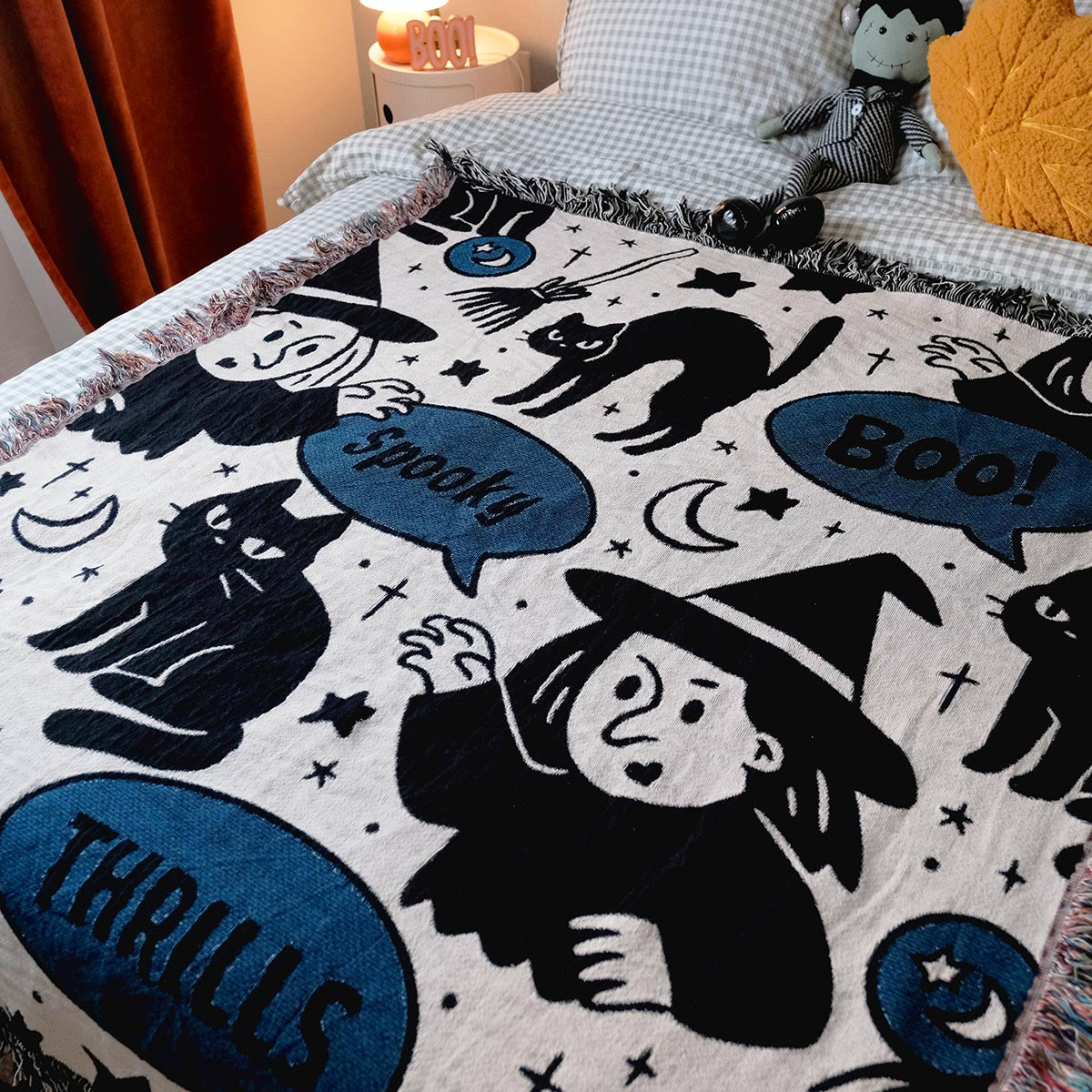 Witch & Black Cat Woven Blanket – Paws Up Monster Duo