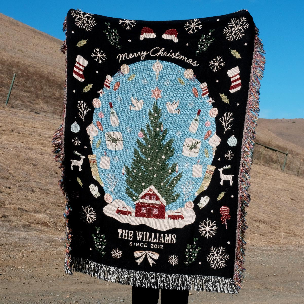 Personalized Family Christmas Snow Globe Woven Blanket