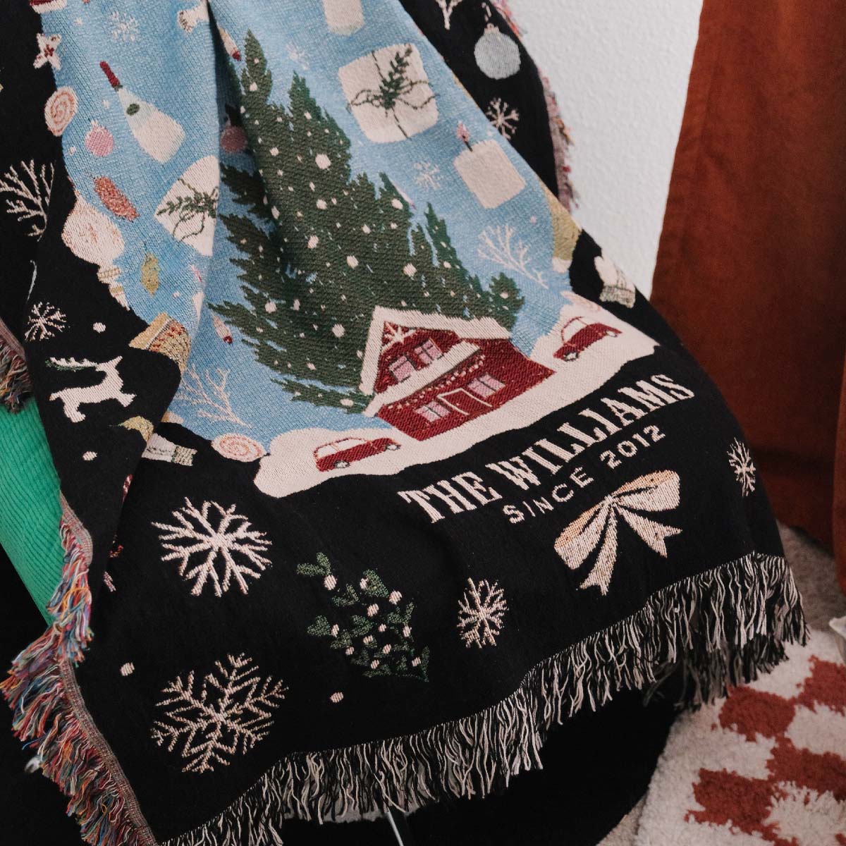 Personalized Family Christmas Snow Globe Woven Blanket