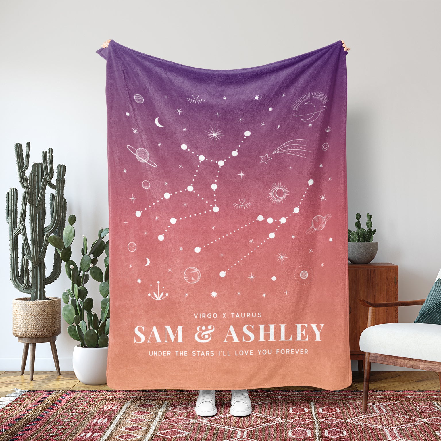 Personalized Couple Zodiac (Purple Orange Gradient) Fleece Blanket - Fleece - Personalized Gifts for Couples, Custom Birthday Gifts, Custom Anniversary Gifts | Relatable Basic