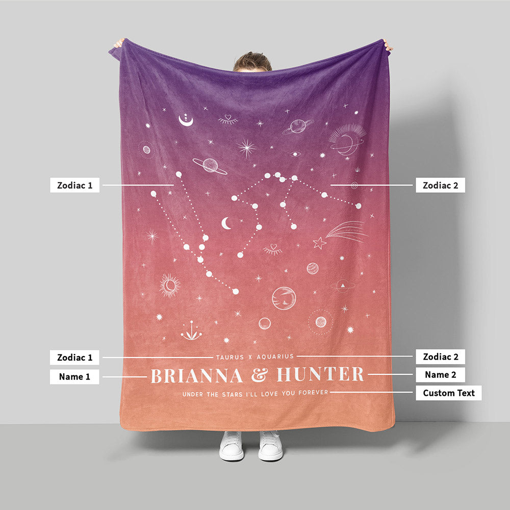 Personalized Couple Zodiac (Purple Orange Gradient) Fleece Blanket - Fleece - Personalized Gifts for Couples, Custom Birthday Gifts, Custom Anniversary Gifts | Relatable Basic