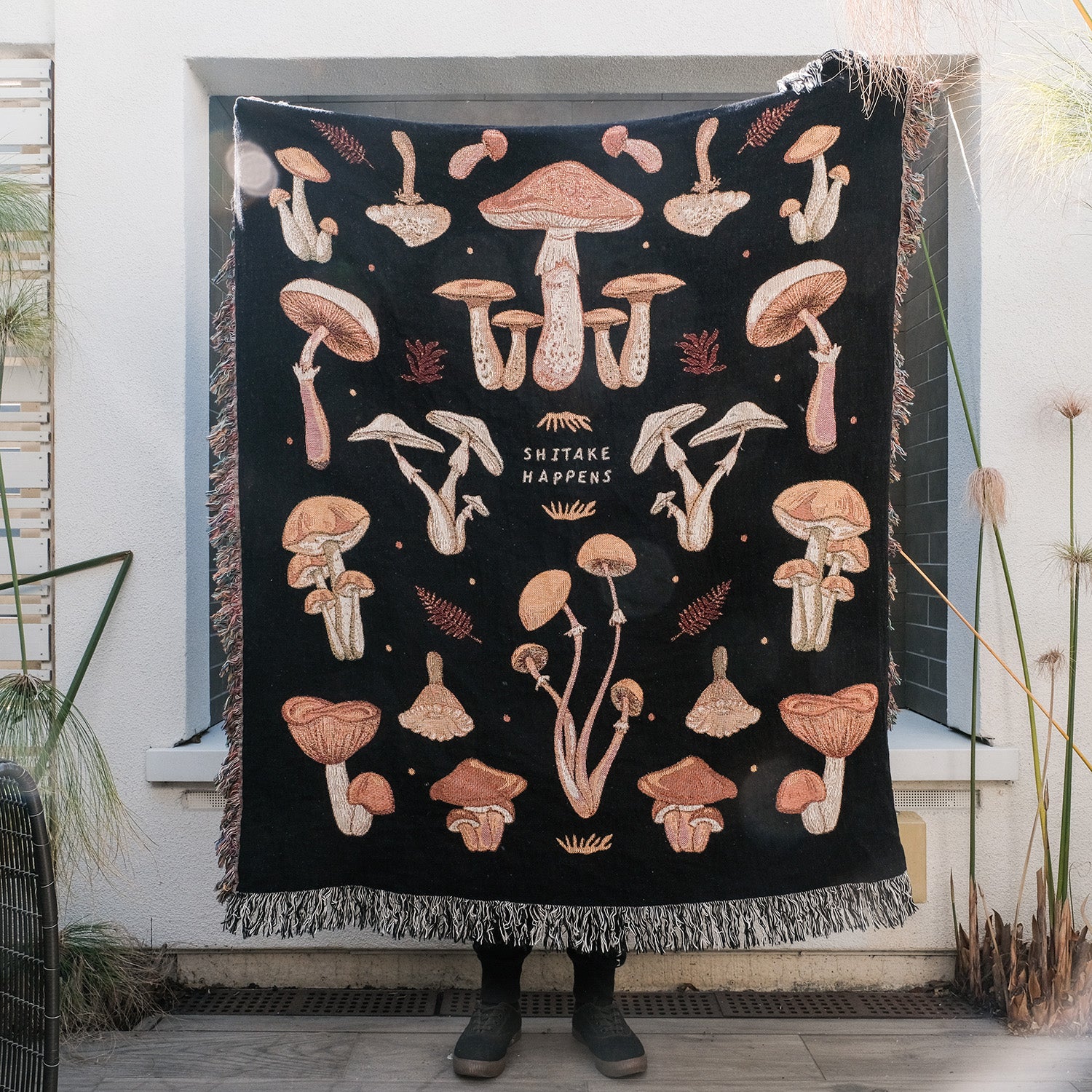 Shitake Happens Mushroom Woven Blanket - Woven - Personalized Gifts for Couples, Custom Birthday Gifts, Custom Anniversary Gifts | Relatable Basic