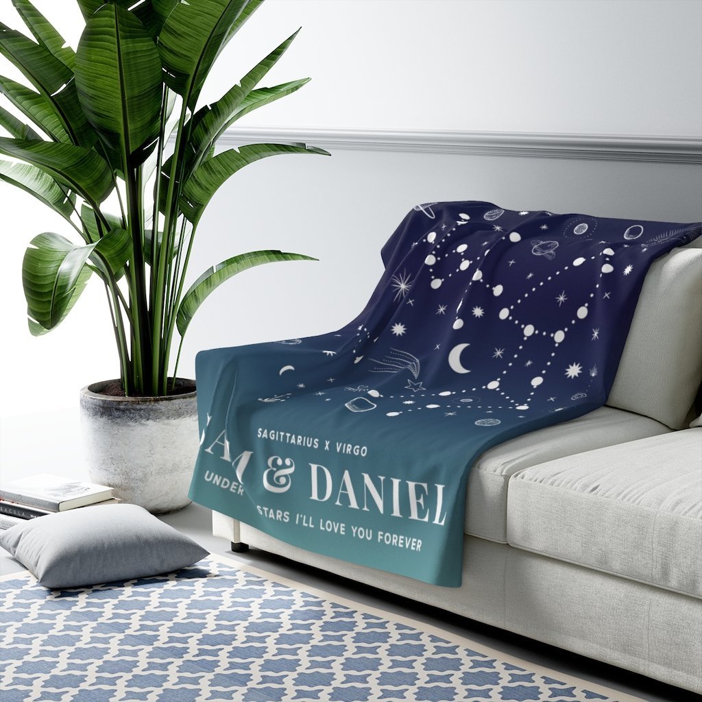 Personalized Couple Zodiac (Blue Green Gradient) Fleece Blanket - Fleece - Personalized Gifts for Couples, Custom Birthday Gifts, Custom Anniversary Gifts | Relatable Basic