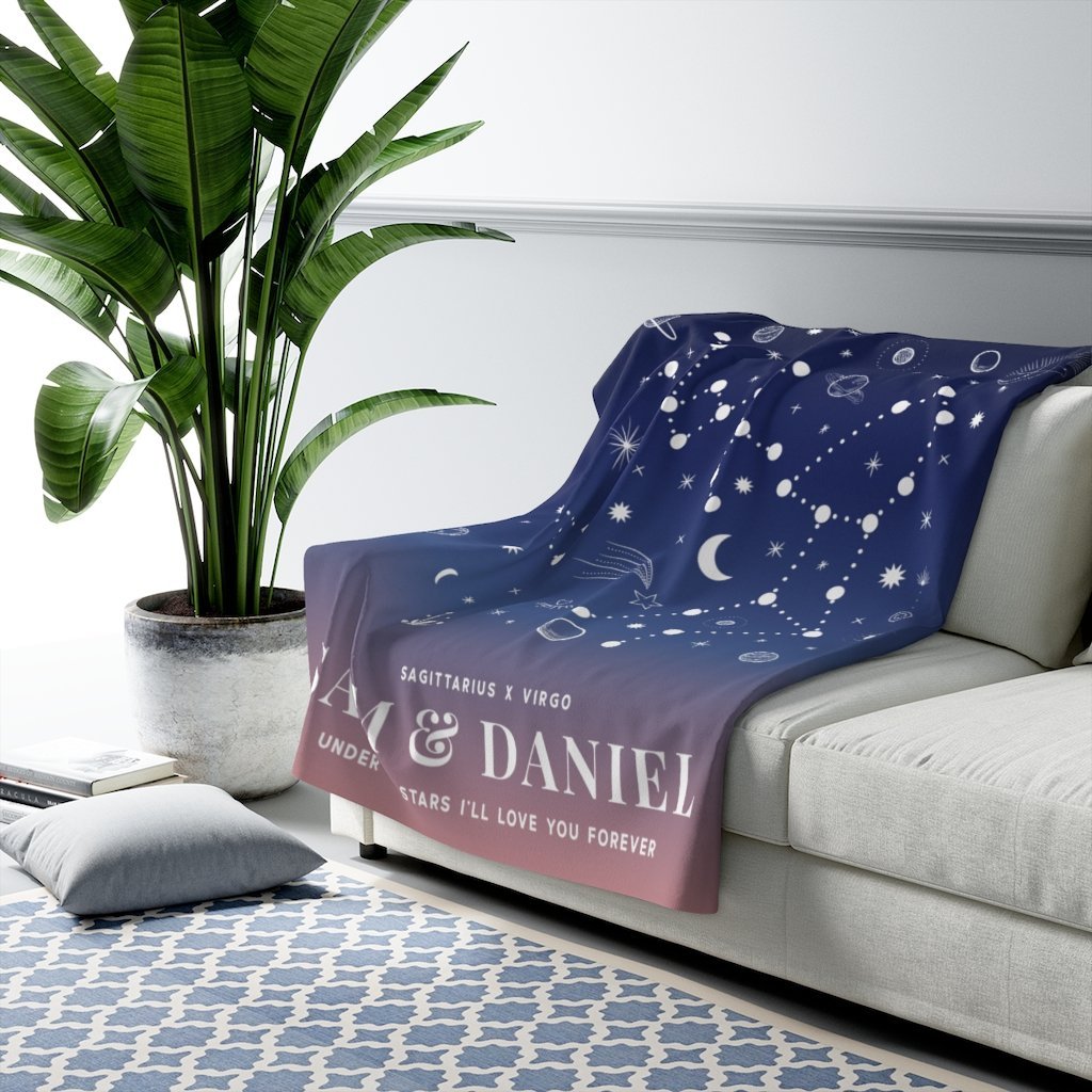 Personalized Couple Zodiac (Blue Pink Gradient) Fleece Blanket - Fleece - Personalized Gifts for Couples, Custom Birthday Gifts, Custom Anniversary Gifts | Relatable Basic
