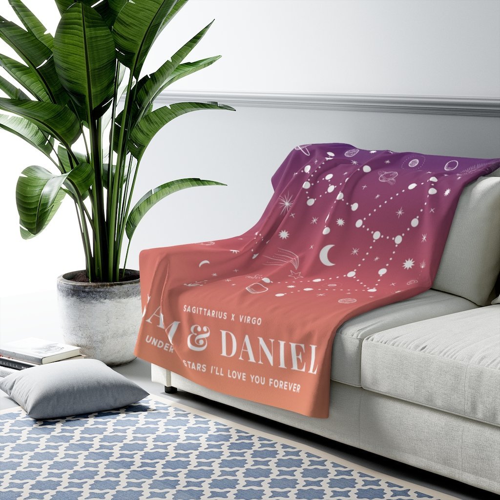 Personalized Couple Zodiac (Purple Orange Gradient) Fleece Blanket - Fleece - Personalized Gifts for Couples, Custom Birthday Gifts, Custom Anniversary Gifts | Relatable Basic
