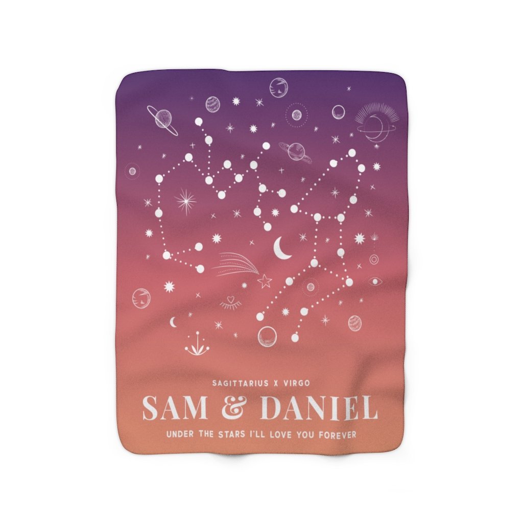 Personalized Couple Zodiac (Purple Orange Gradient) Fleece Blanket - Fleece - Personalized Gifts for Couples, Custom Birthday Gifts, Custom Anniversary Gifts | Relatable Basic