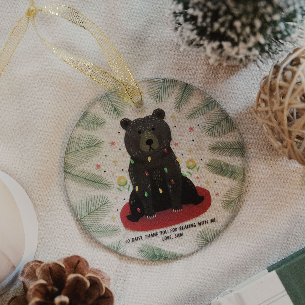 Personalized Christmas Bear Glass Ornament - Relatable Basic