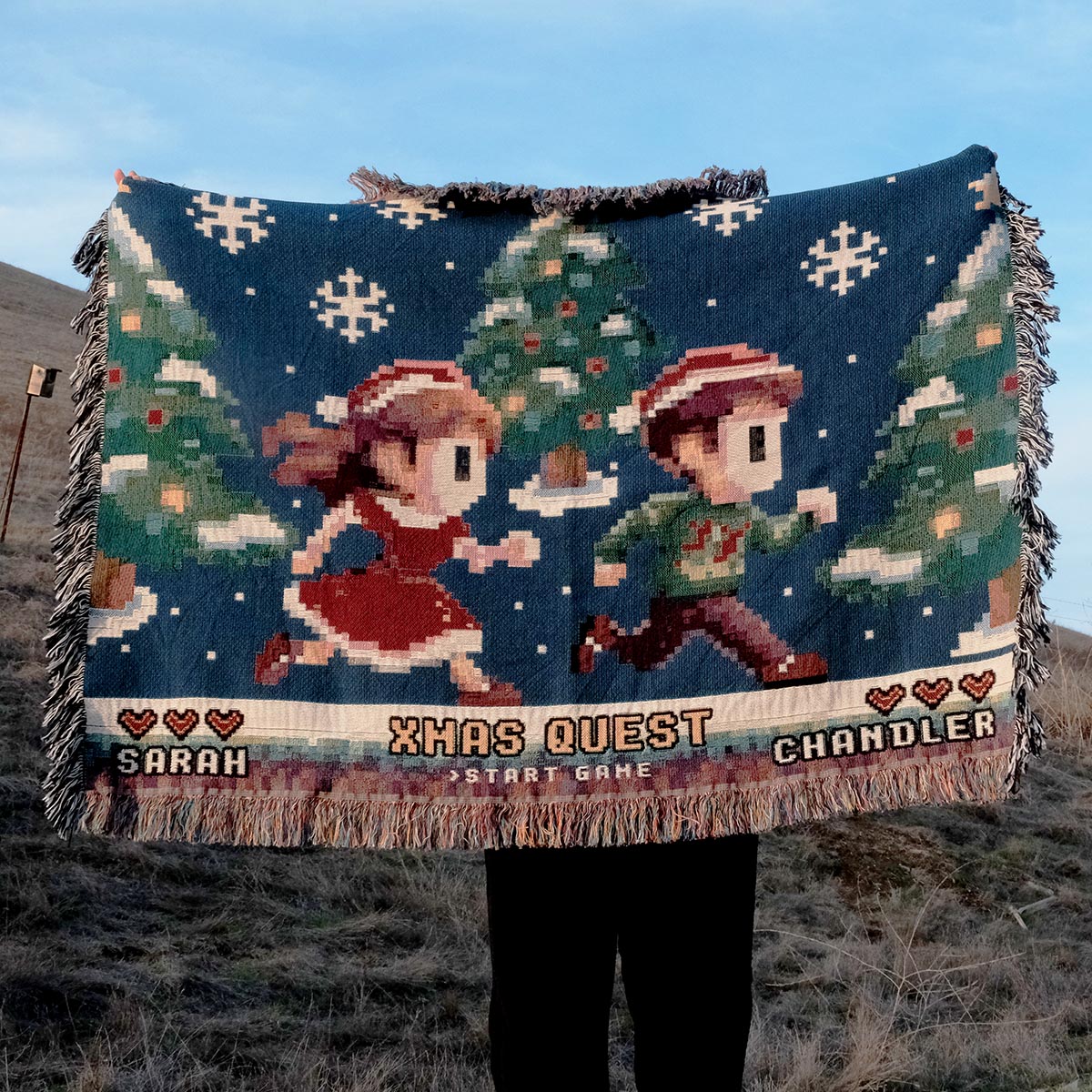 Personalized Retro 8-Bit Christmas Gaming Couple Woven Blanket