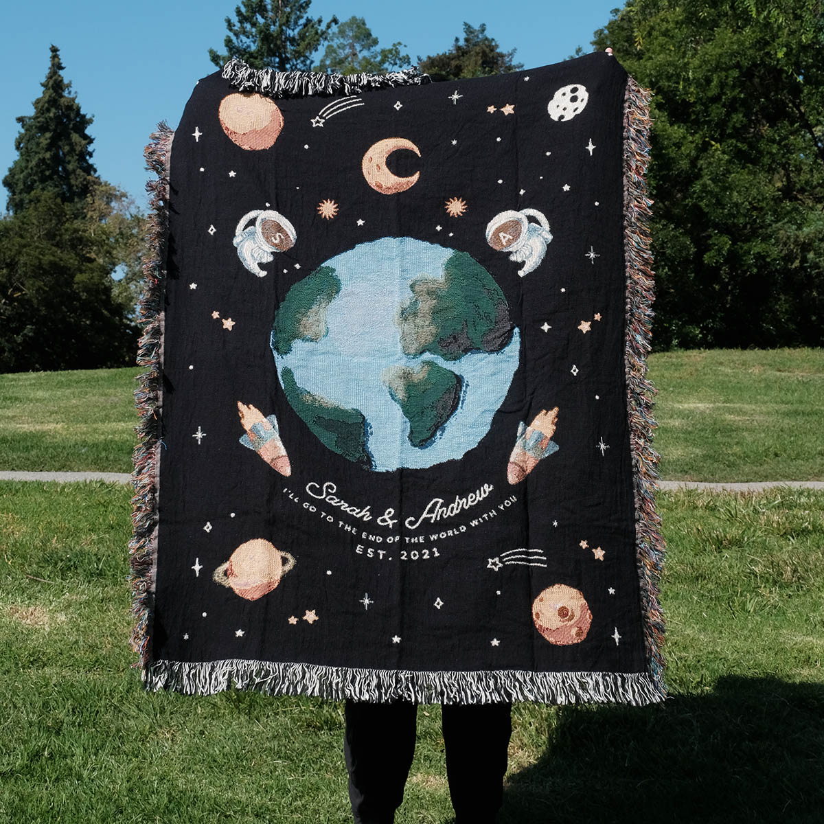 Couple Astronauts Outer Space Woven Blanket - Relatable Basic