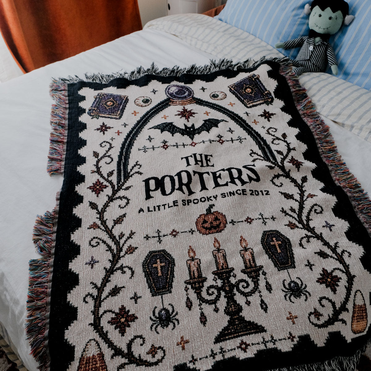 Personalized Family Cross-Stitched Halloween Woven Blanket