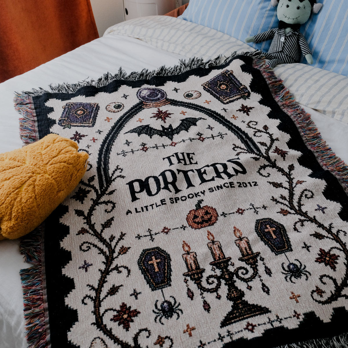 Personalized Family Cross-Stitched Halloween Woven Blanket