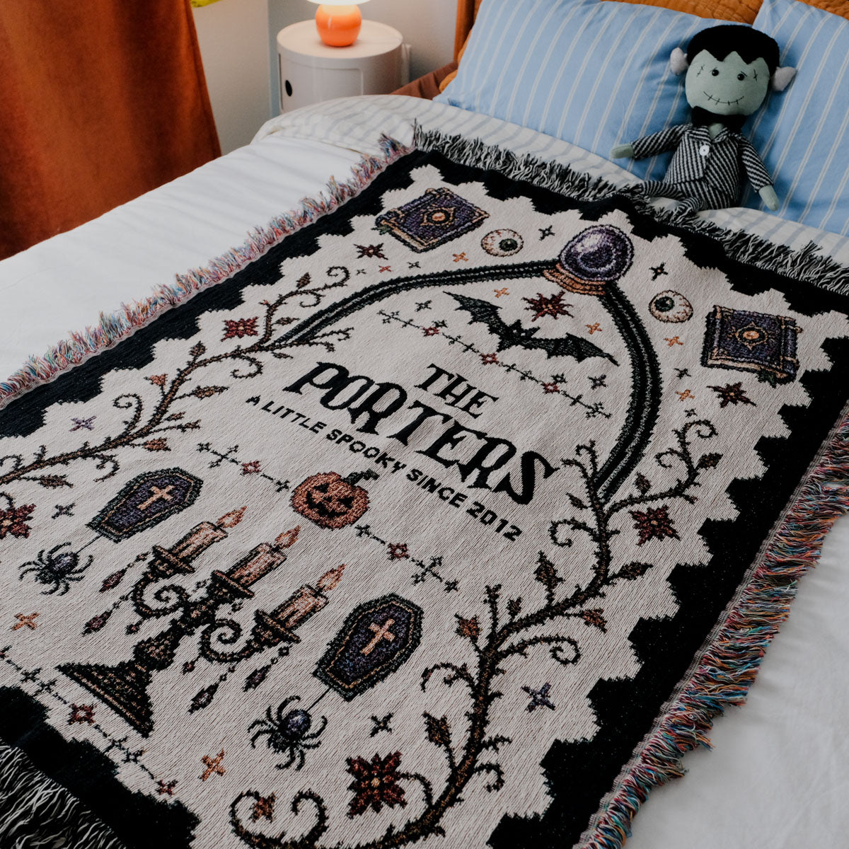 Personalized Family Cross-Stitched Halloween Woven Blanket