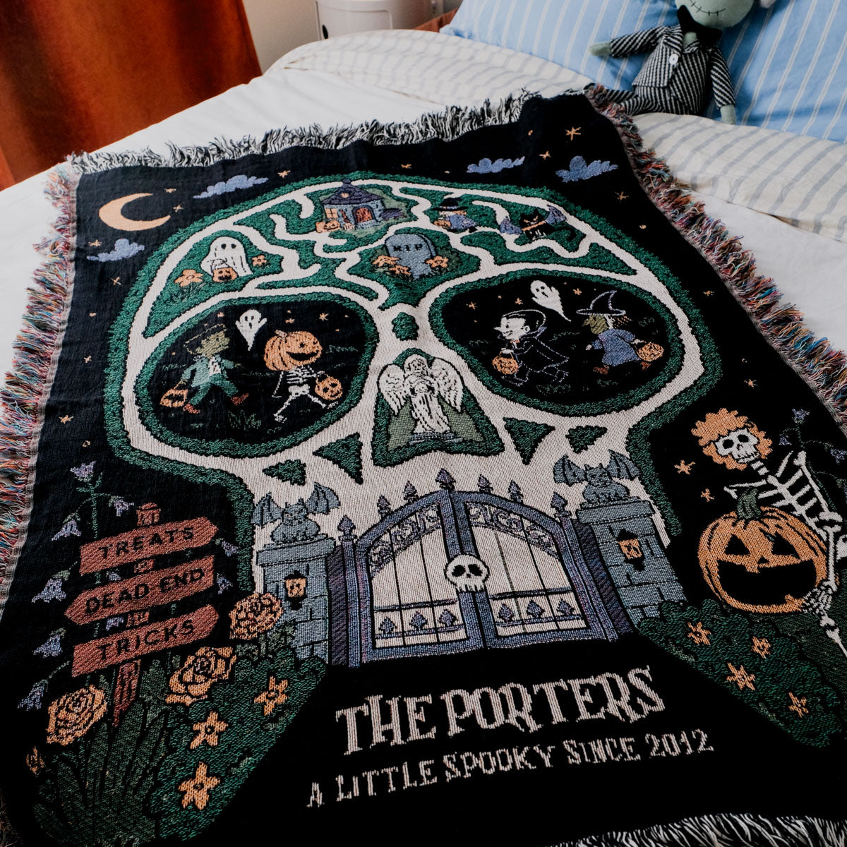 Personalized Family Skull Map Halloween Woven Blanket