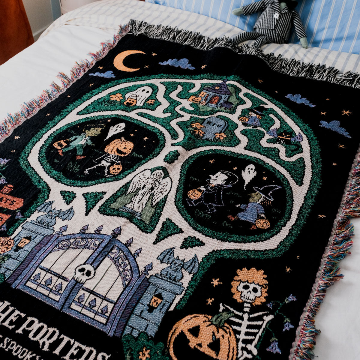 Personalized Family Skull Map Halloween Woven Blanket