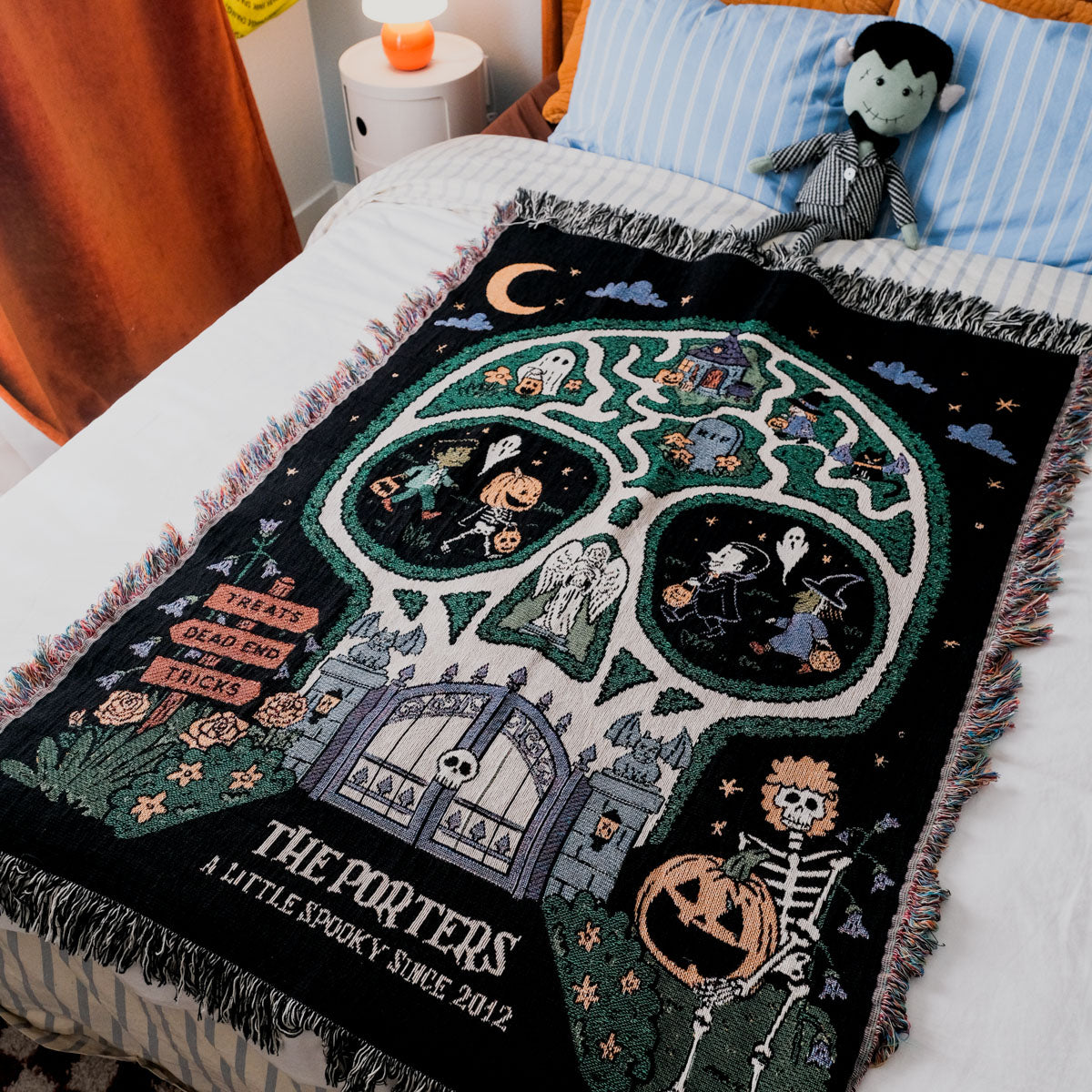 Personalized Family Skull Map Halloween Woven Blanket