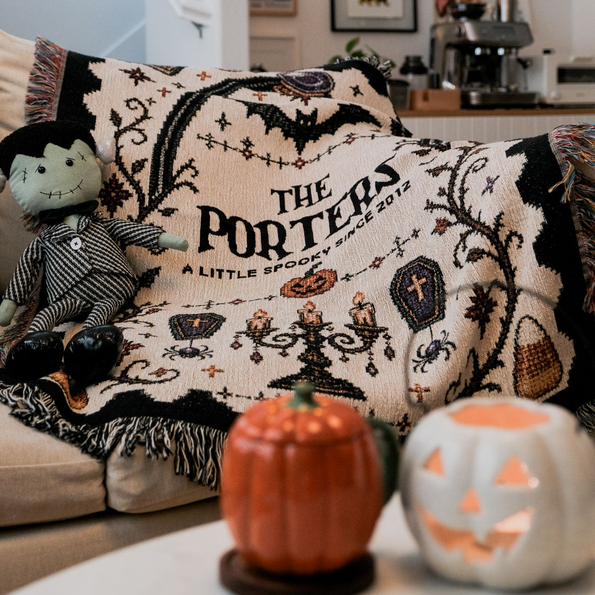 Personalized Family Cross-Stitched Halloween Woven Blanket