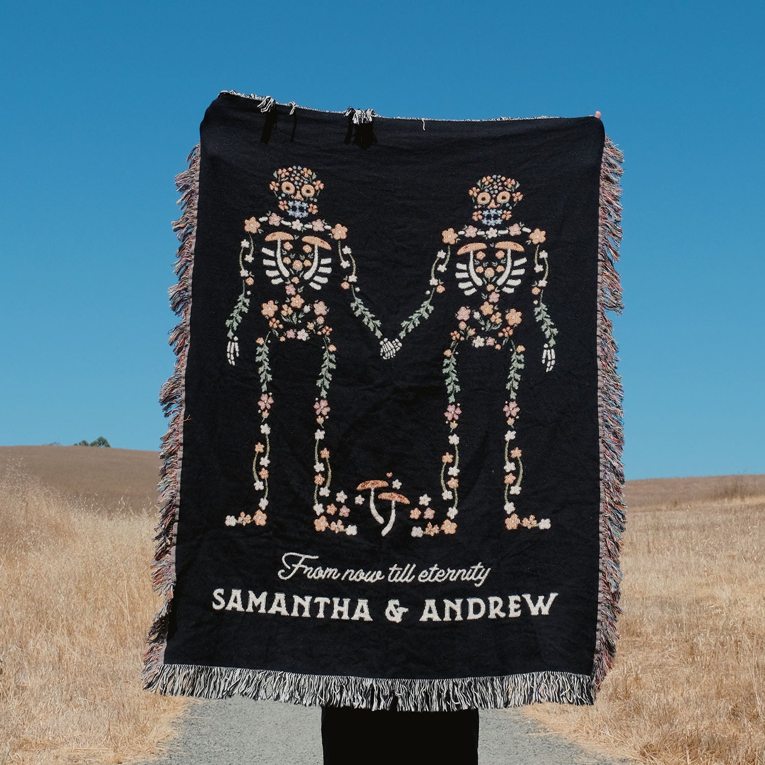 Personalized Floral Skeleton Couple Woven Blanket - Relatable Basic