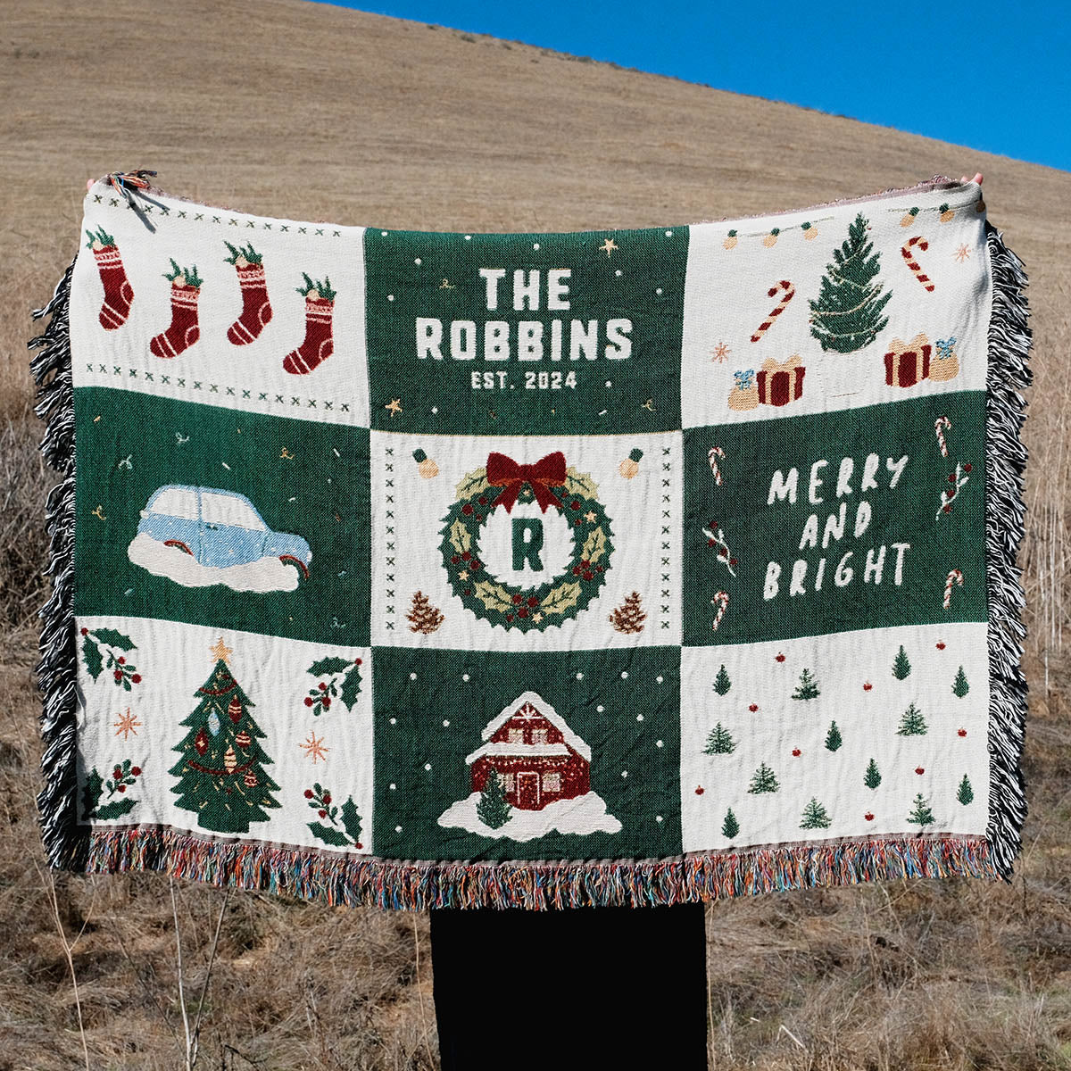 Personalized Family Name Christmas Woven Throw (Horizontal)