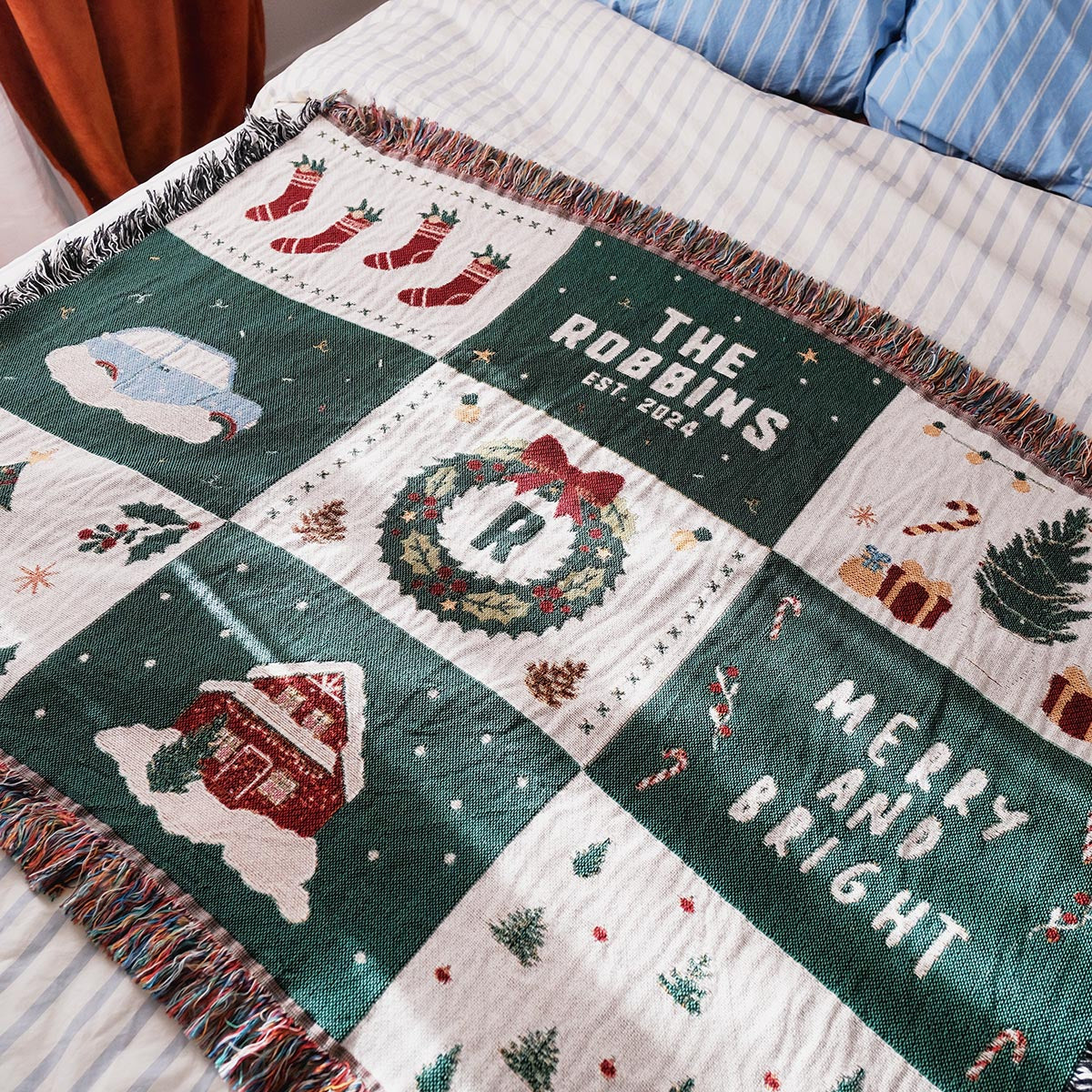 Personalized Family Name Christmas Woven Throw (Horizontal)