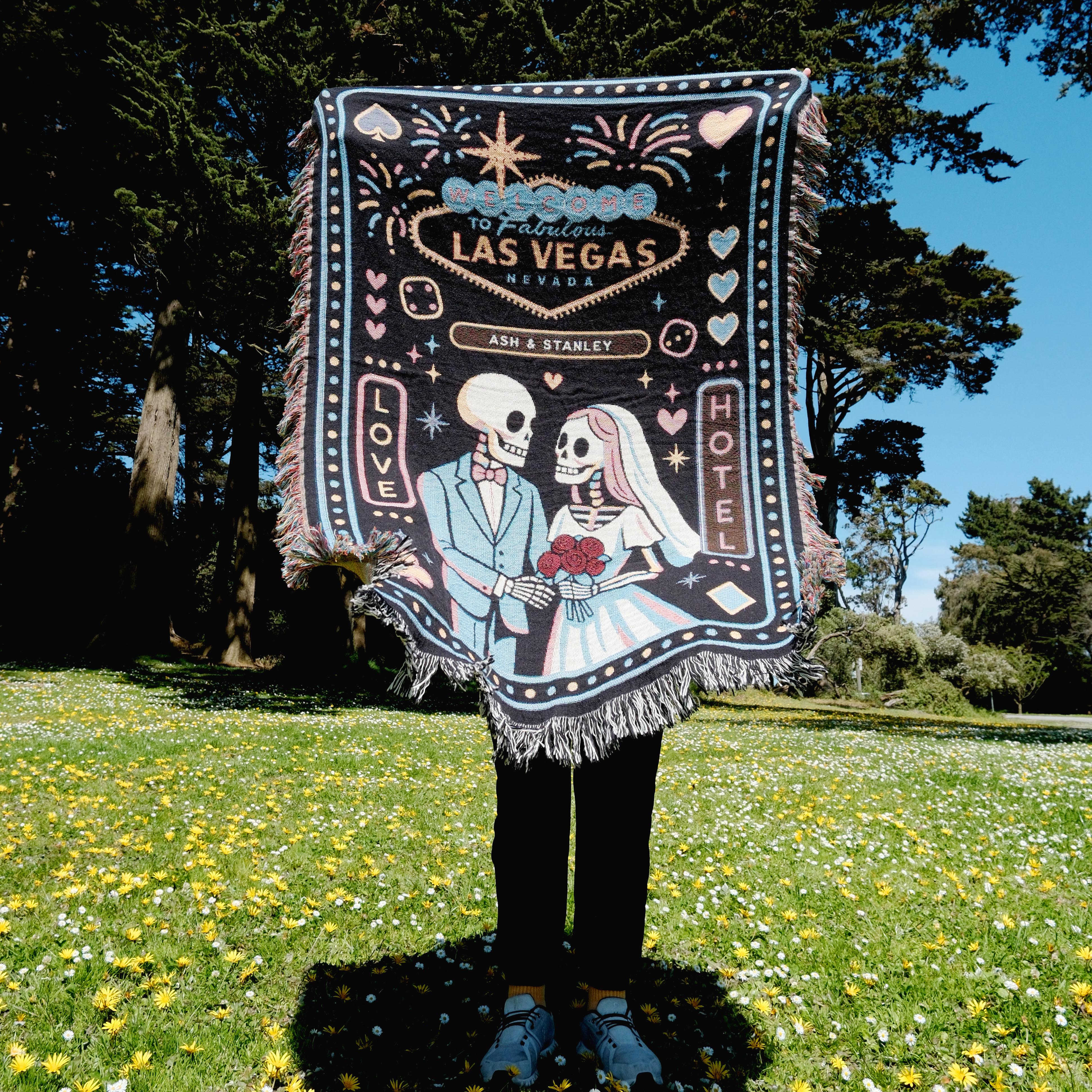 Personalized Las Vegas Chapel Wedding Couple Skeletons Woven Blanket