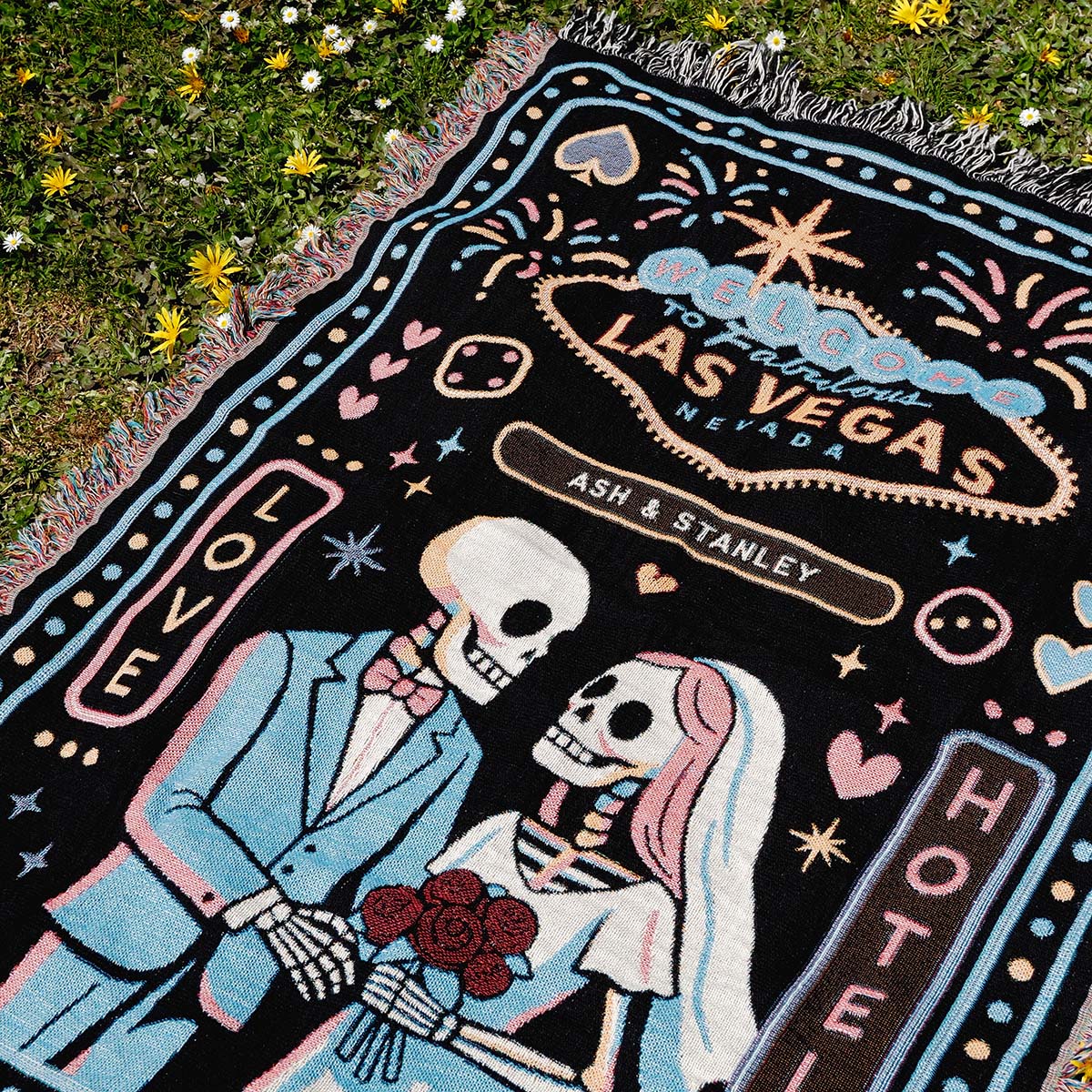 Personalized Las Vegas Chapel Wedding Couple Skeletons Woven Blanket