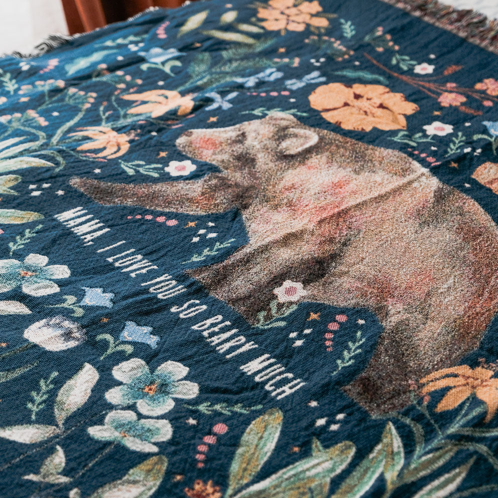 Personalized Wildflower Mama Bear Woven Throw Blanket - Relatable Basic